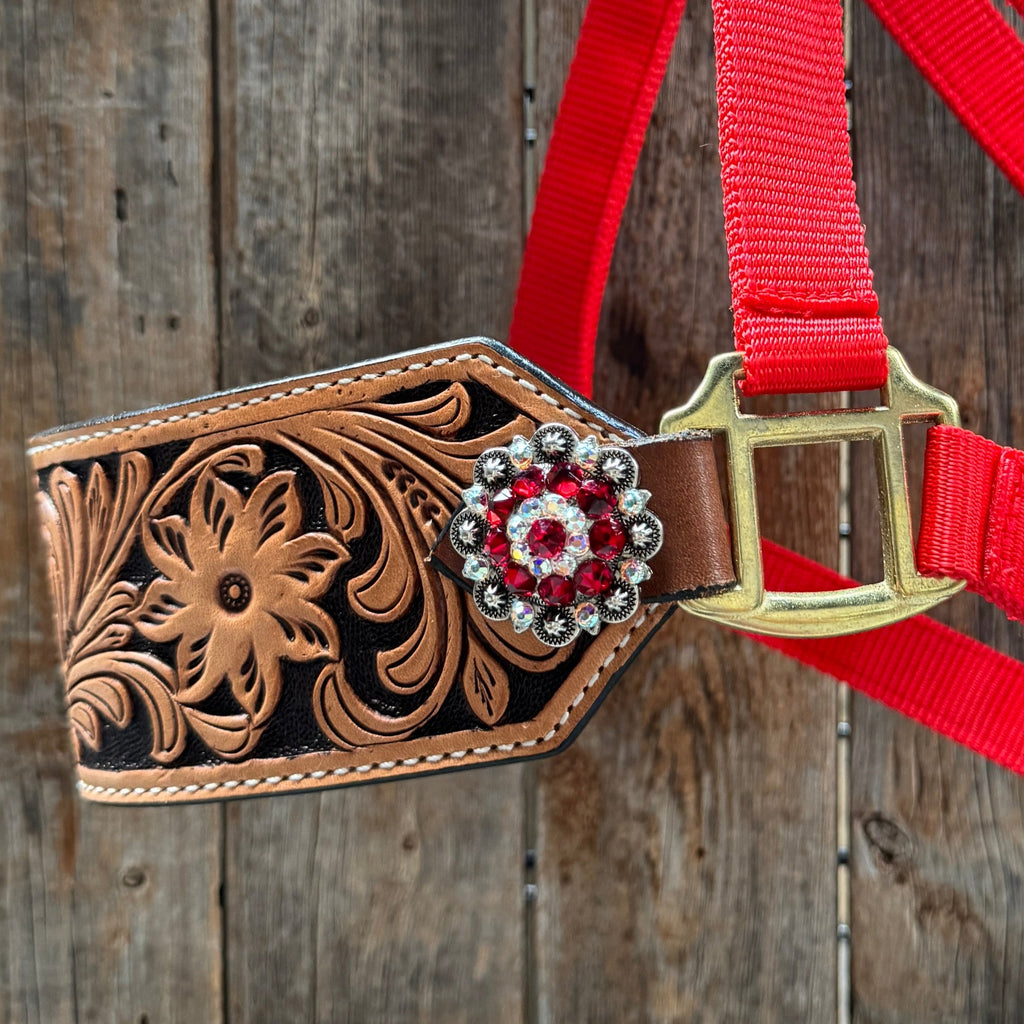 Red Nylon Horse Halter – Bronc Noseband with Crystal Conchos NH113 — view 4