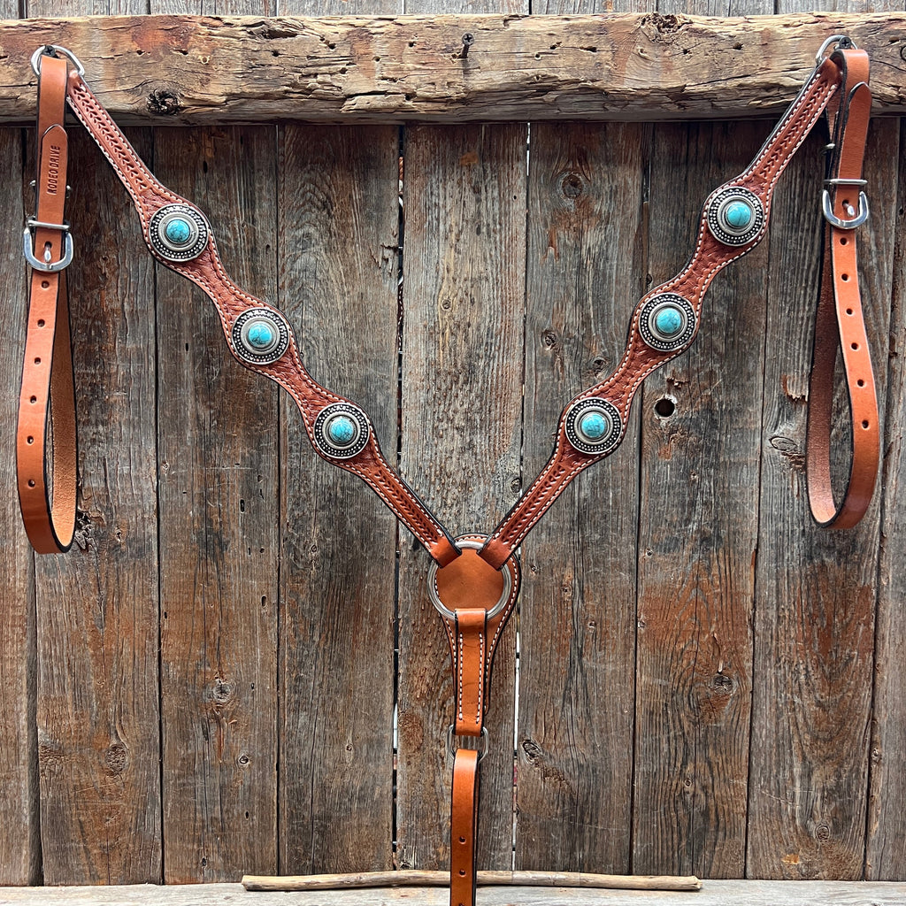 Light Oil Basketweave Turquoise and Dots Browband/One Ear Tack Set #BBBC639 — view 8