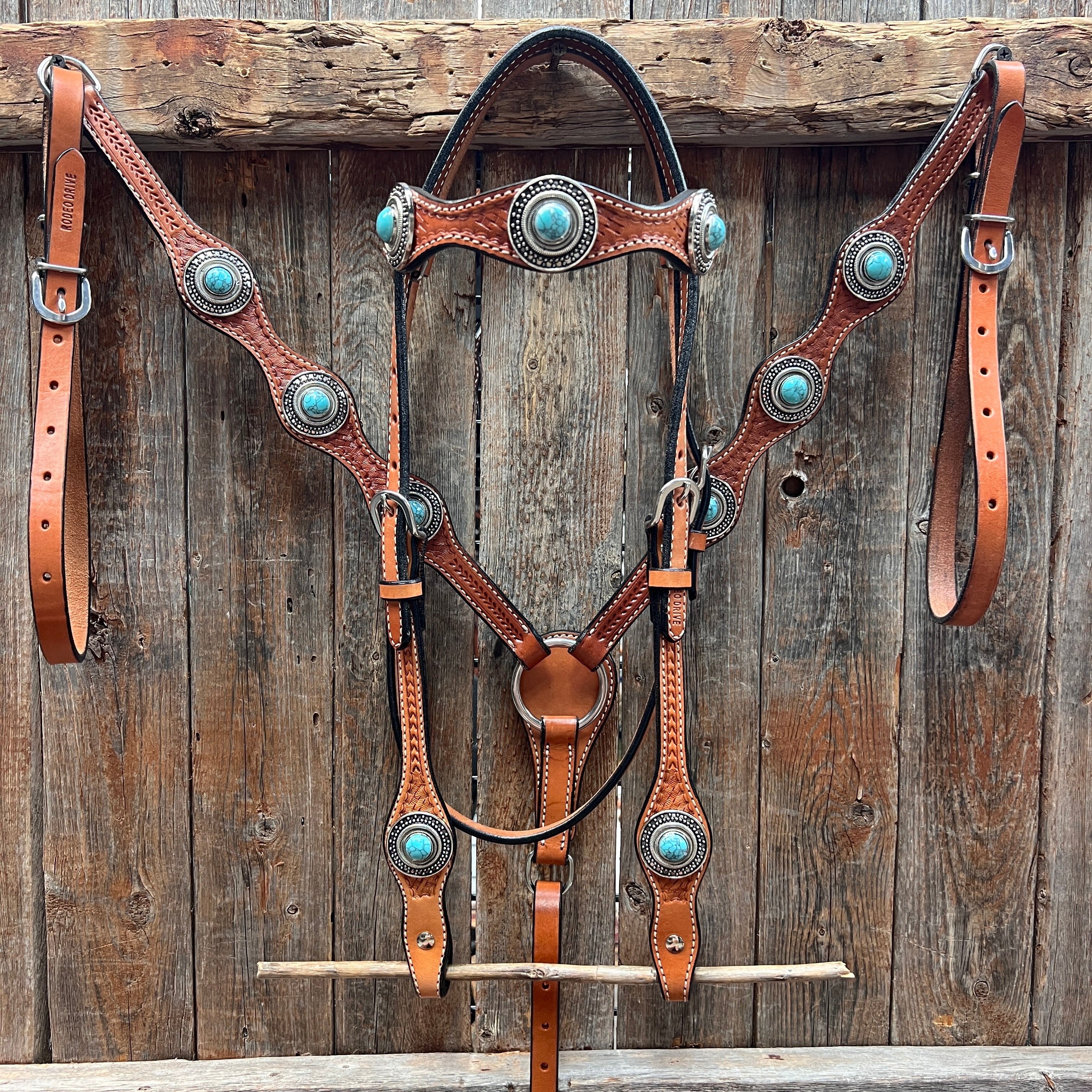 Light Oil Basketweave Turquoise and Dots Browband/One Ear Tack Set #BBBC639