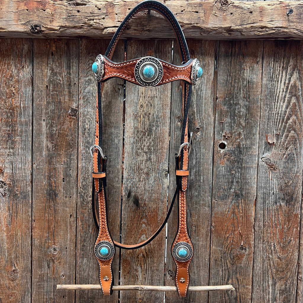 Light Oil Basketweave Turquoise and Dots Browband/One Ear Tack Set #BBBC639 — view 3