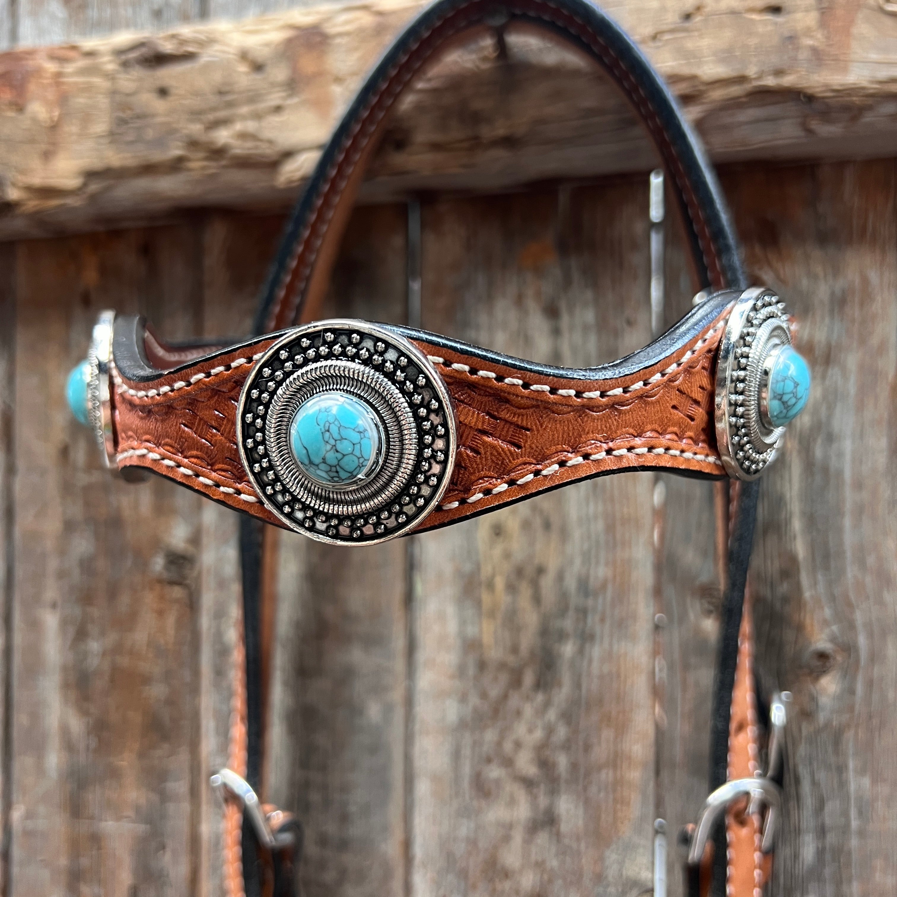 Light Oil Basketweave Turquoise and Dots Browband/One Ear Tack Set #BBBC639 — view 4
