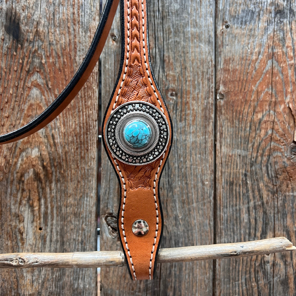 Light Oil Basketweave Turquoise and Dots Browband/One Ear Tack Set #BBBC639 — view 5