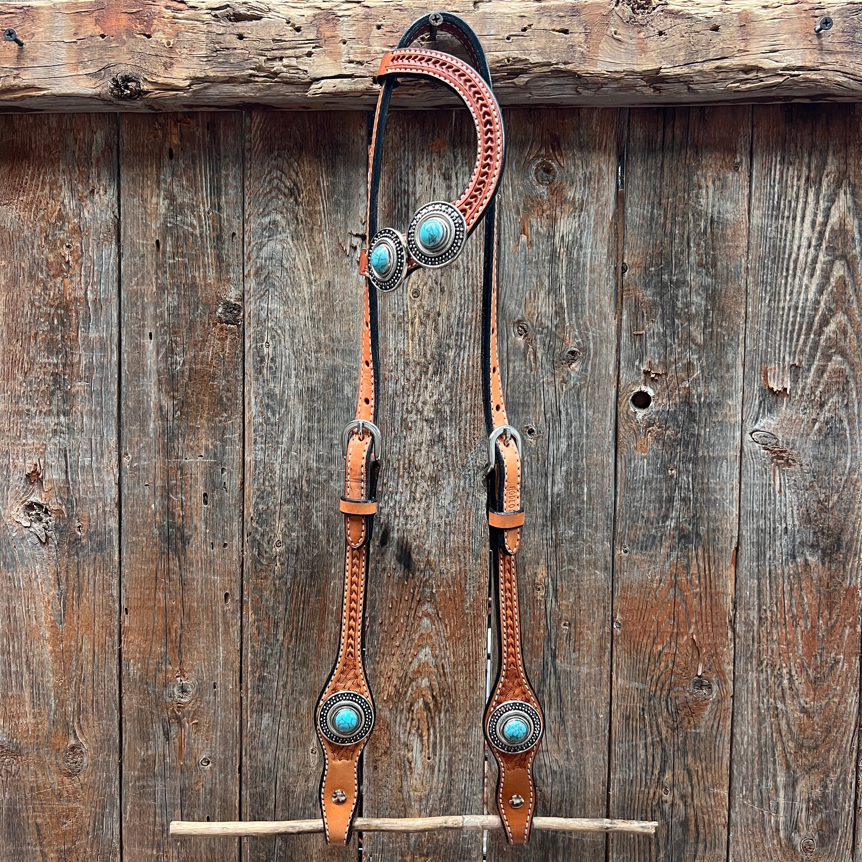Light Oil Basketweave Turquoise and Dots Browband/One Ear Tack Set #BBBC639 — view 6