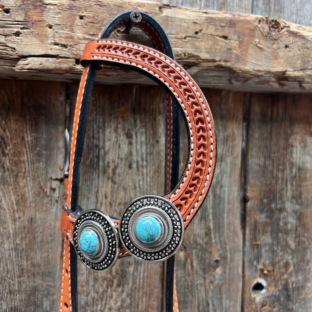 Light Oil Basketweave Turquoise and Dots Browband/One Ear Tack Set #BBBC639 — view 7