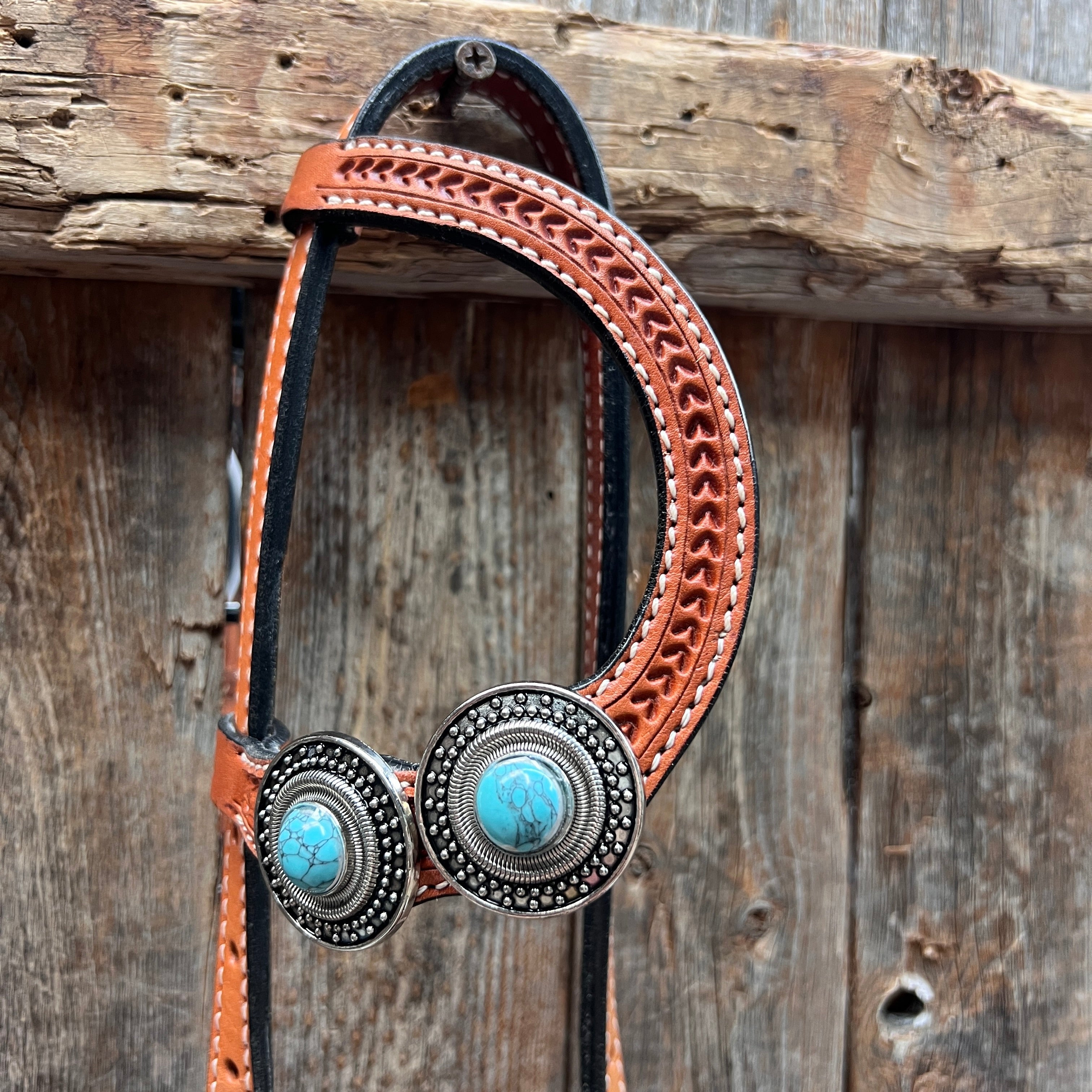 Light Oil Basketweave Turquoise and Dots Browband/One Ear Tack Set #BBBC639 — view 7