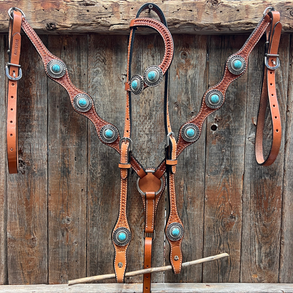 Light Oil Basketweave Turquoise and Dots Browband/One Ear Tack Set #BBBC639 — view 2