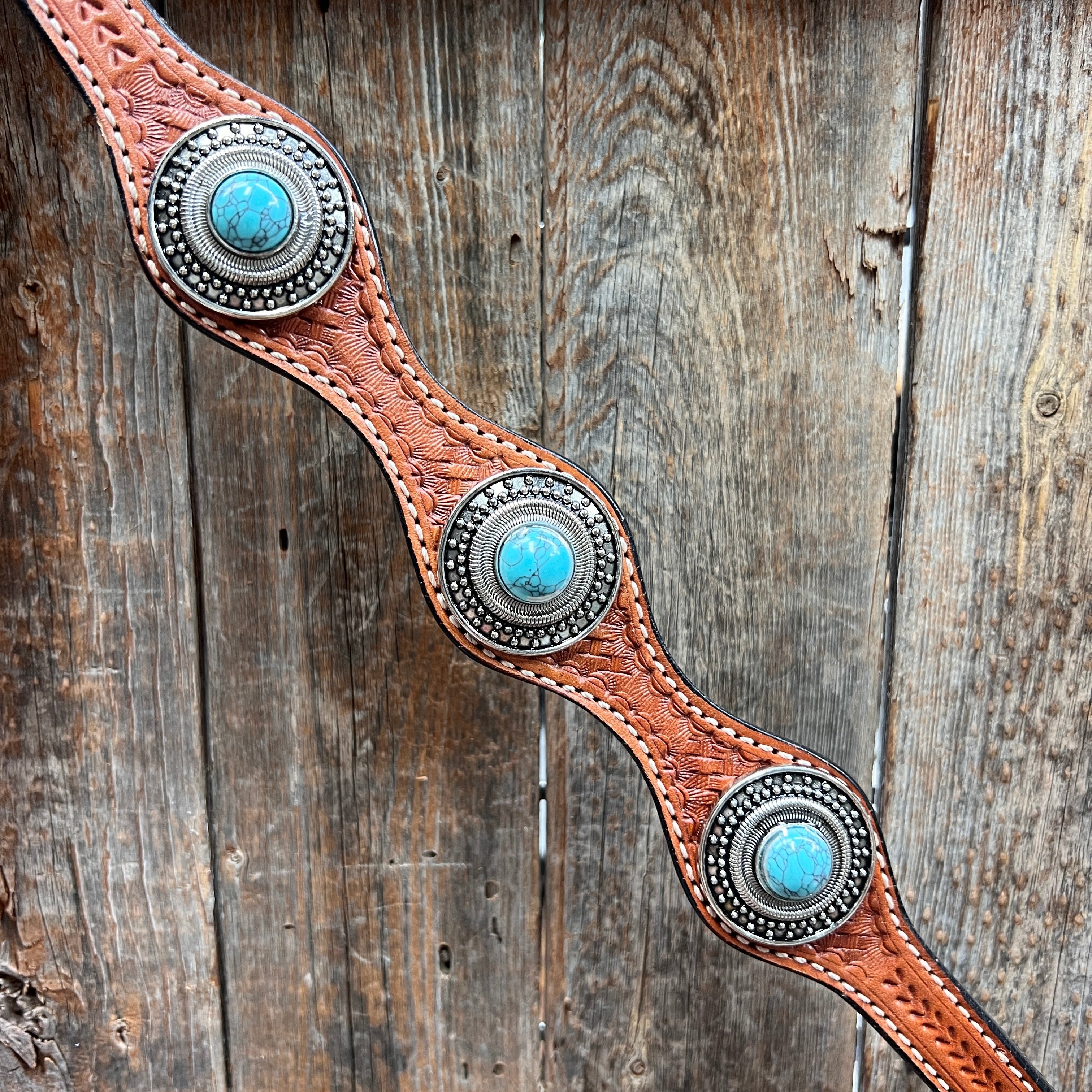 Light Oil Basketweave Turquoise and Dots Browband/One Ear Tack Set #BBBC639 — view 9