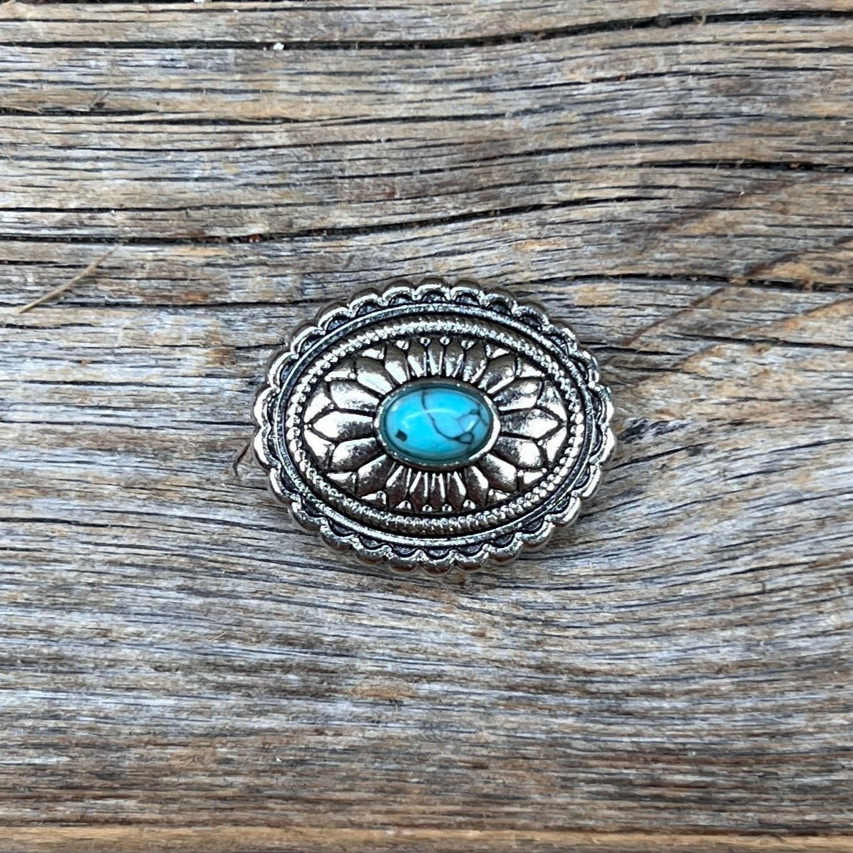 Antique Silver Oval Floral Turquoise Concho 1" W237S