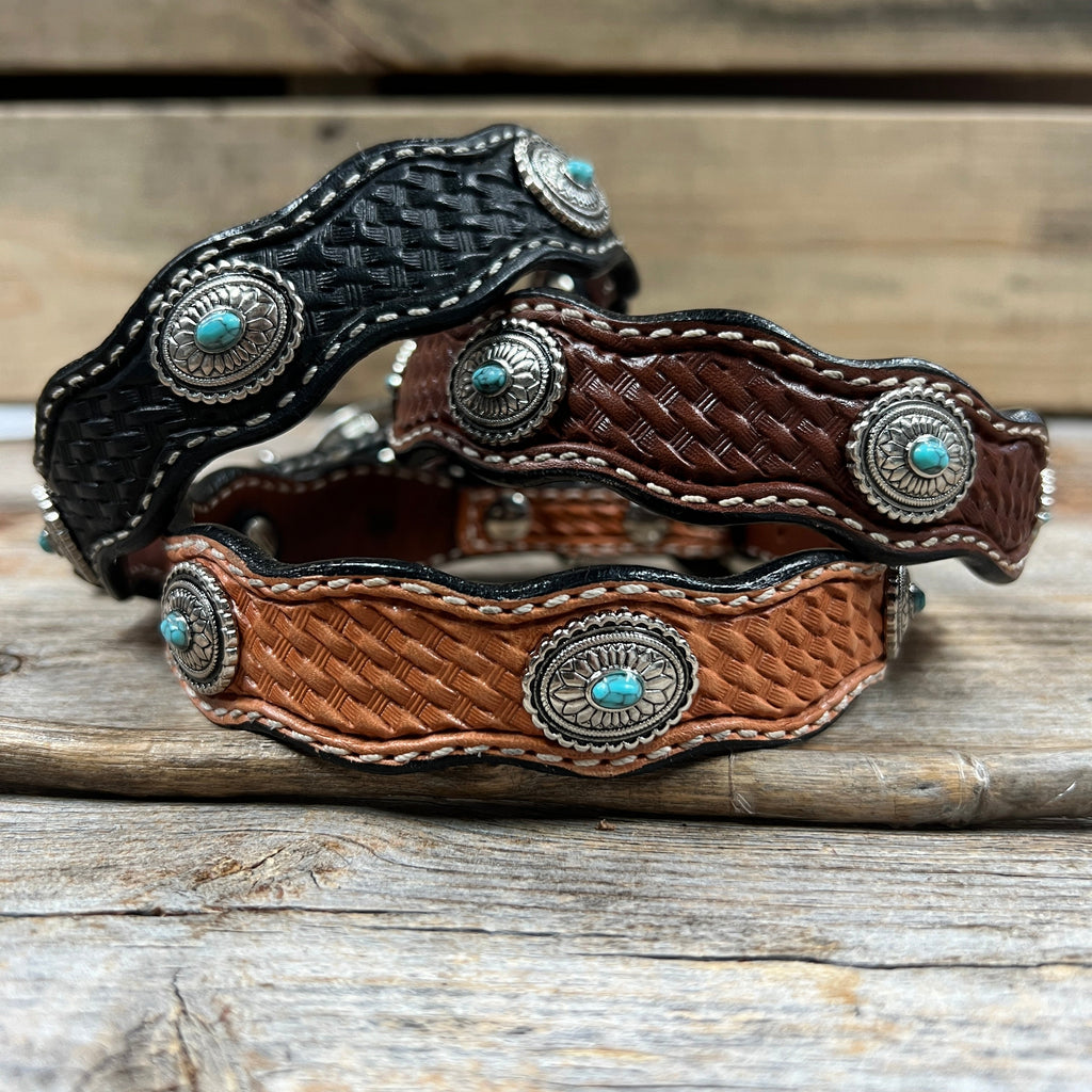 Genuine Leather Dog Collar or Leash With Antique Silver Oval Conchos 10" to 22" W237S|DC66 — view 2