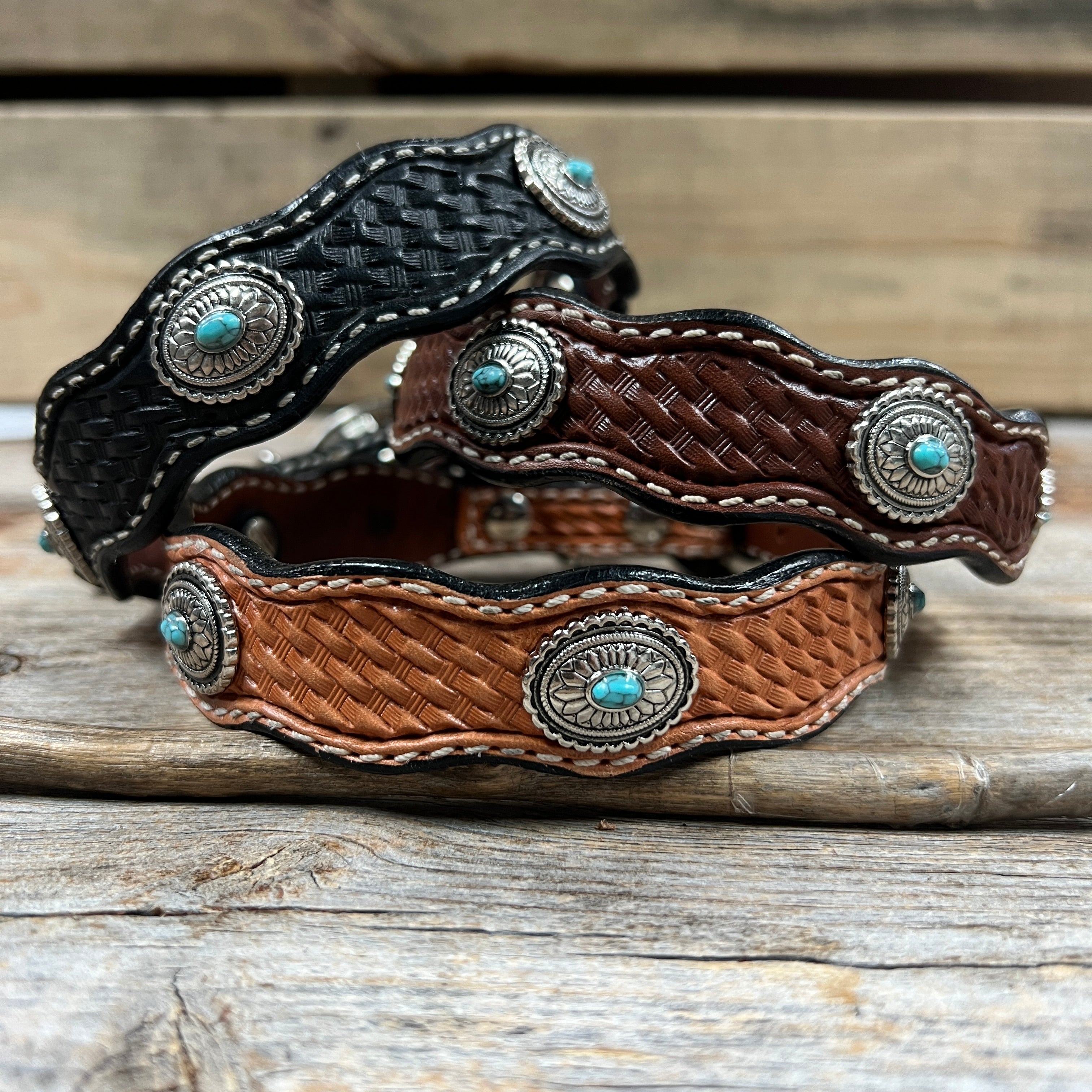 Genuine Leather Dog Collar or Leash With Antique Silver Oval Conchos 10" to 22" W237S|DC66 — view 2