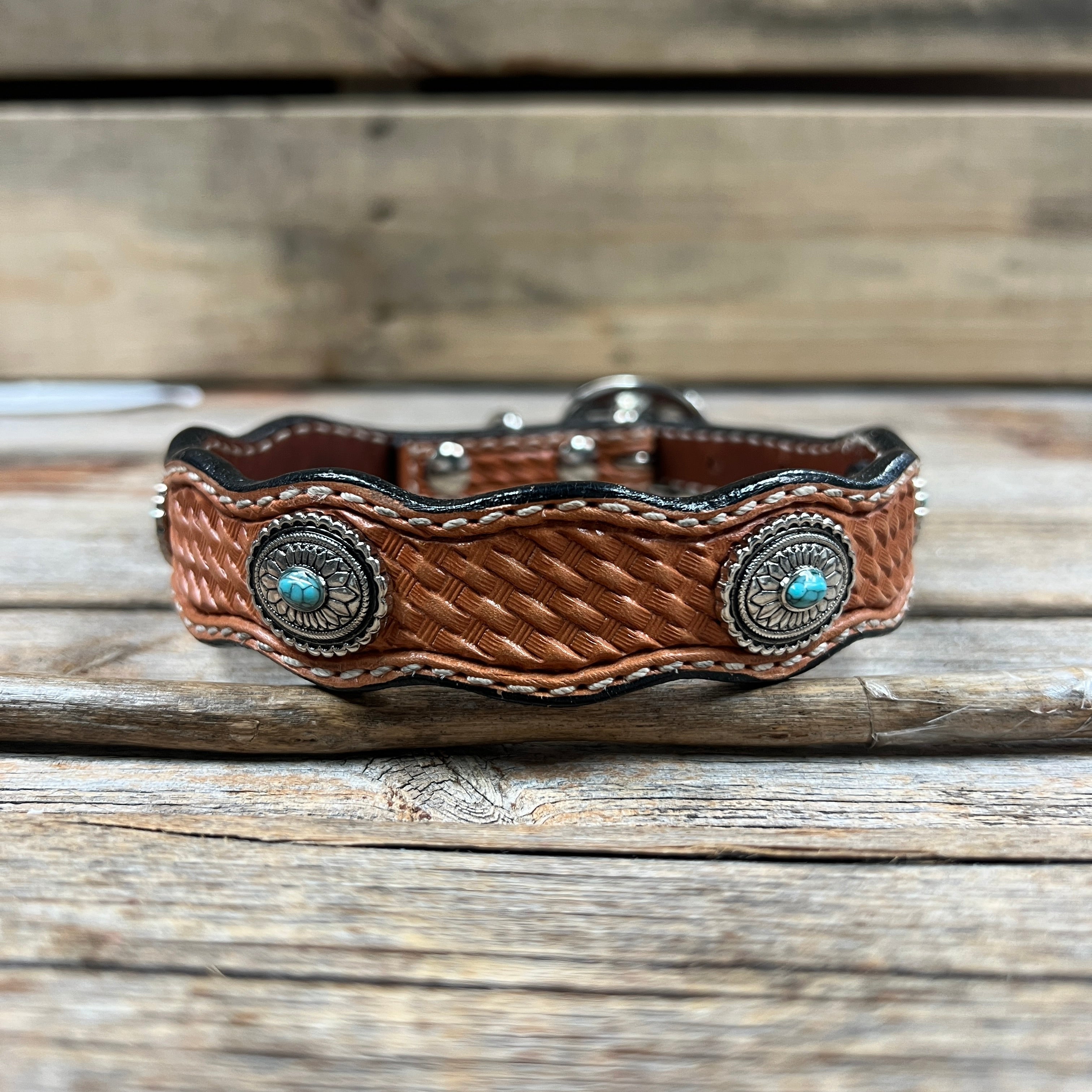 Genuine Leather Dog Collar or Leash With Antique Silver Oval Conchos 10" to 22" W237S|DC66 — view 3