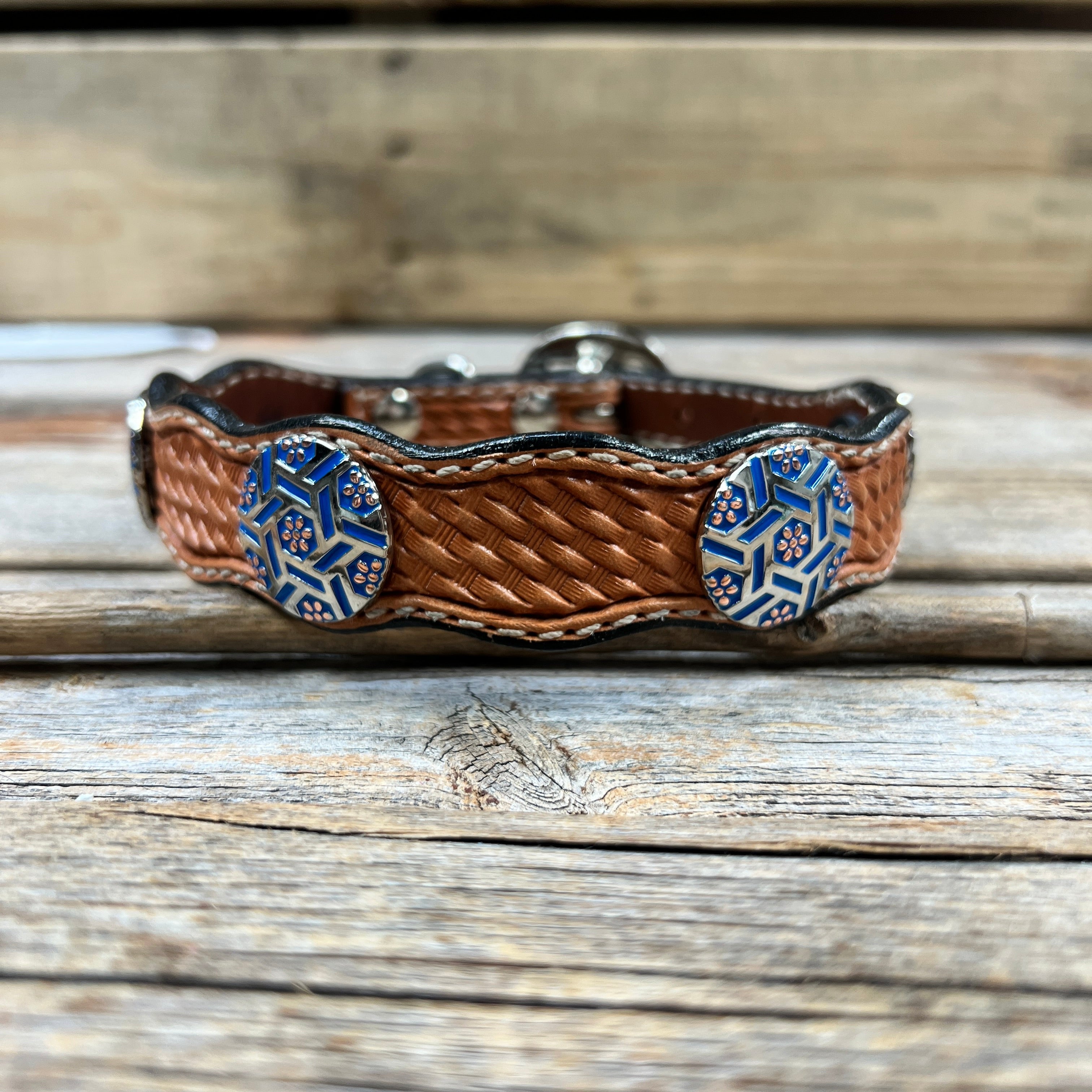 Genuine Leather Dog Collar With Blue Geometric Conchos 10" to 22" W236S -DC67 — view 2