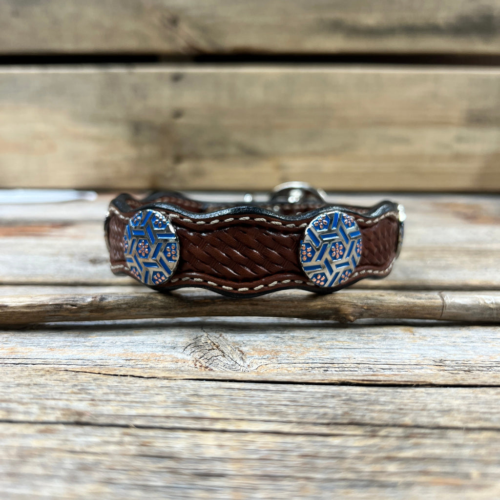 Genuine Leather Dog Collar With Blue Geometric Conchos 10" to 22" W236S -DC67 — view 3