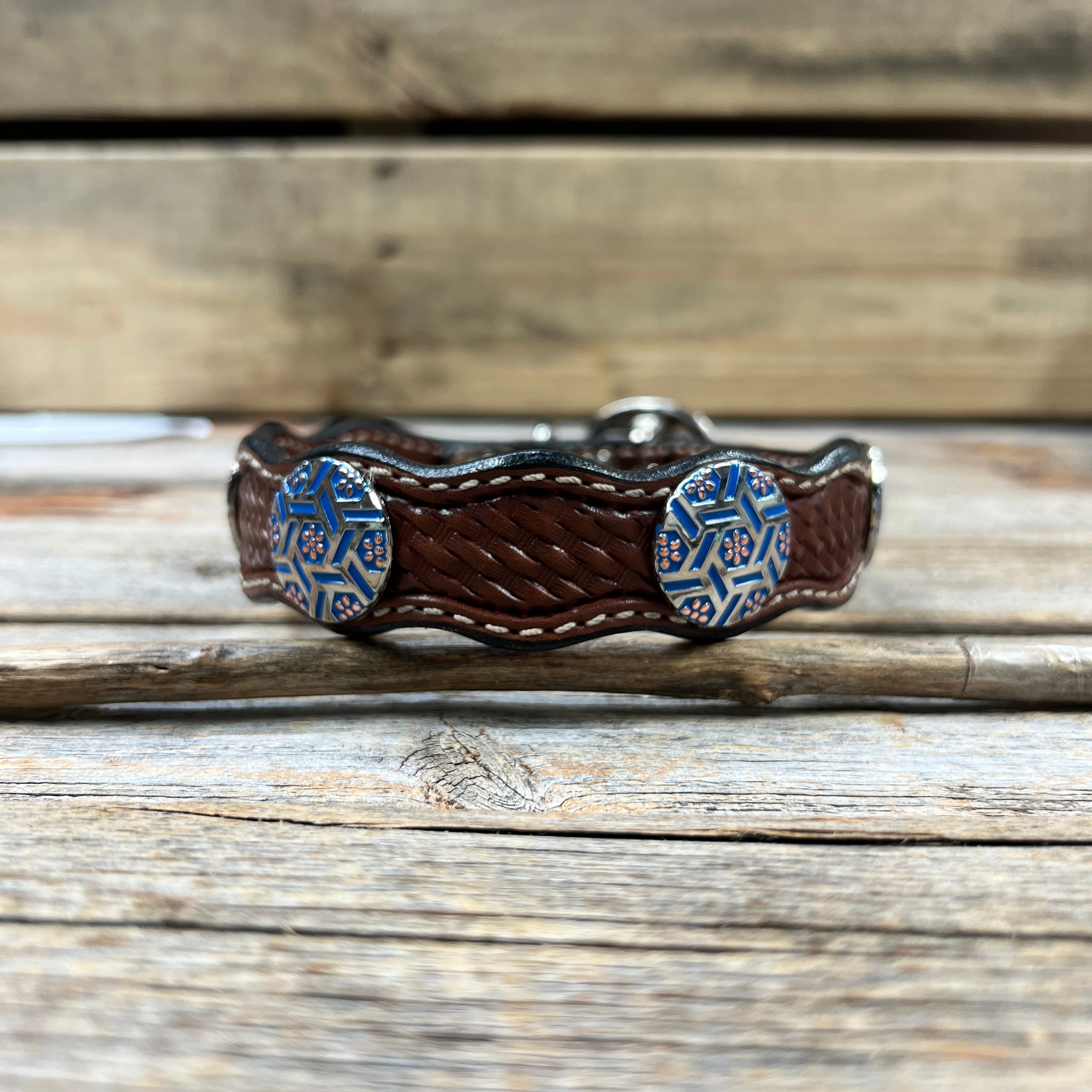 Genuine Leather Dog Collar With Blue Geometric Conchos 10" to 22" W236S -DC67 — view 3