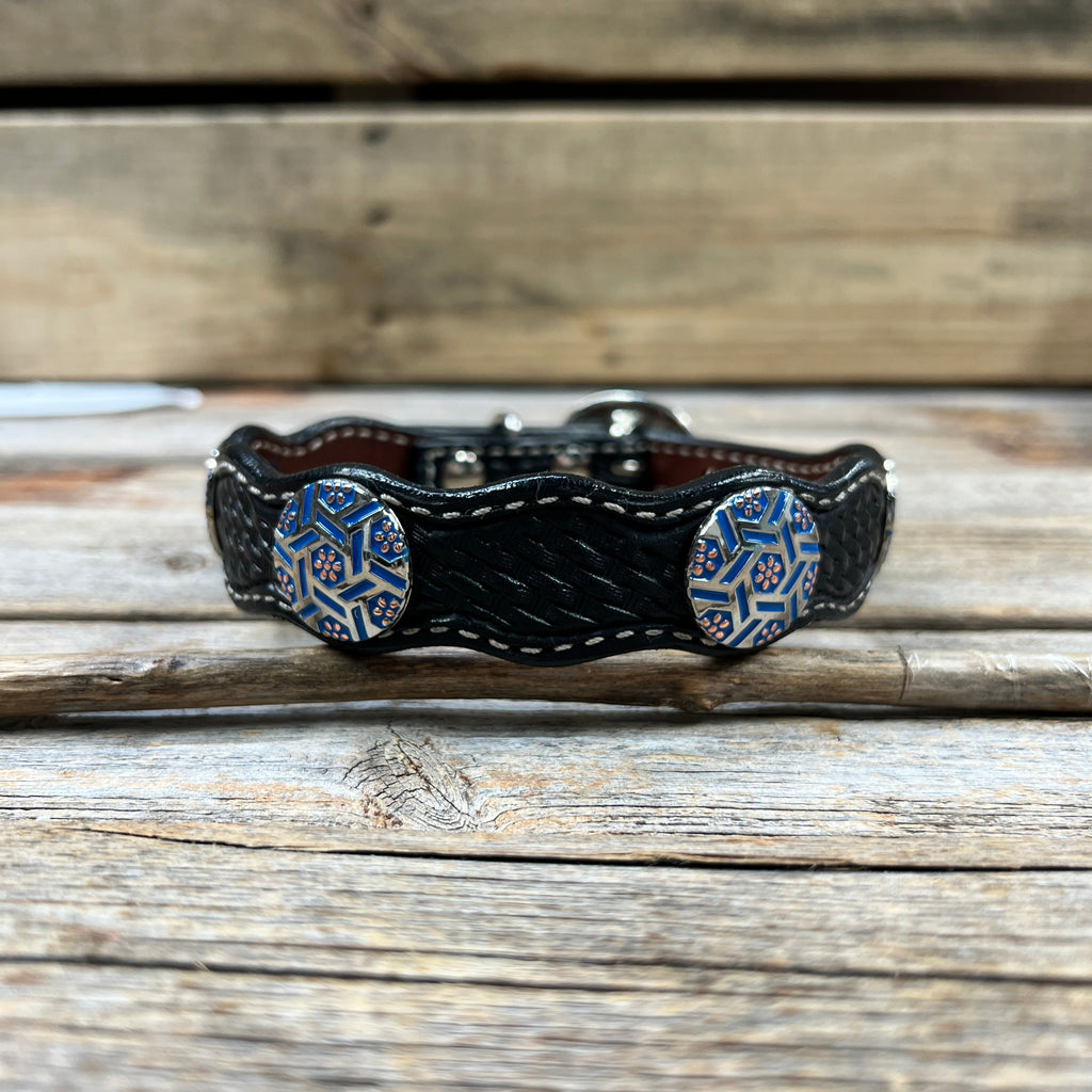 Genuine Leather Dog Collar With Blue Geometric Conchos 10" to 22" W236S -DC67 — view 4