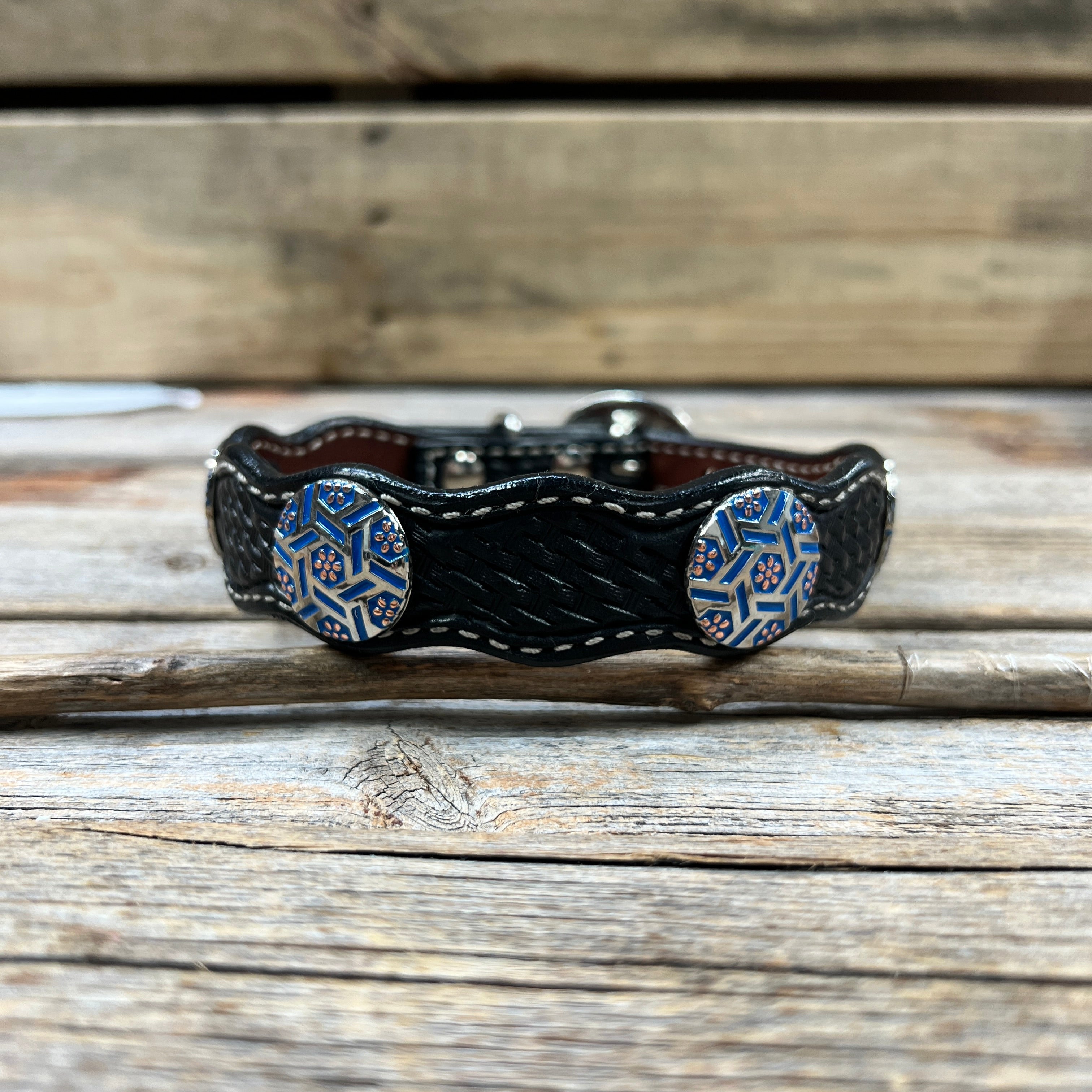 Genuine Leather Dog Collar With Blue Geometric Conchos 10" to 22" W236S -DC67 — view 4