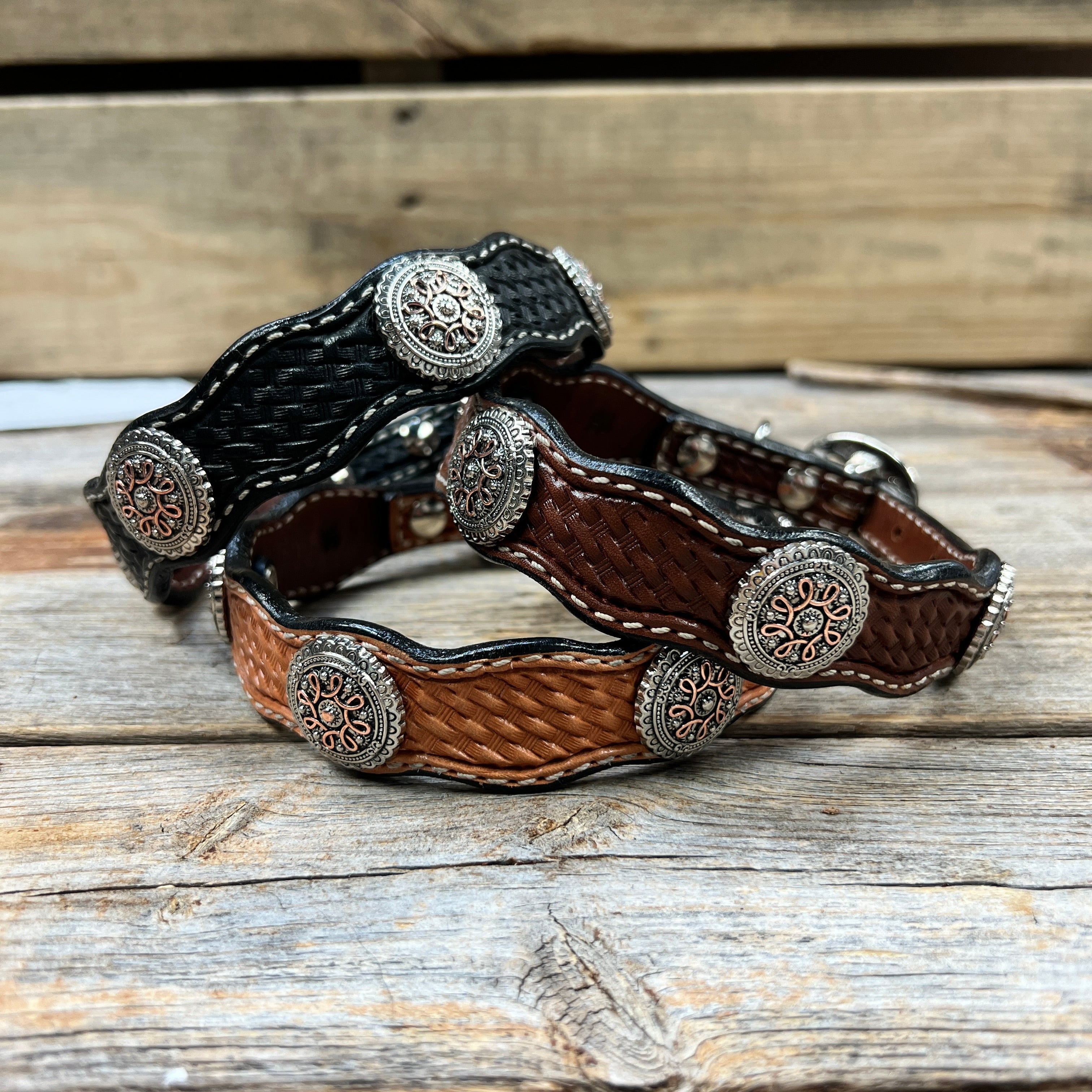 Genuine Leather Dog Collar With Flower and Loops Conchos 10" to 22" W235S -DC68