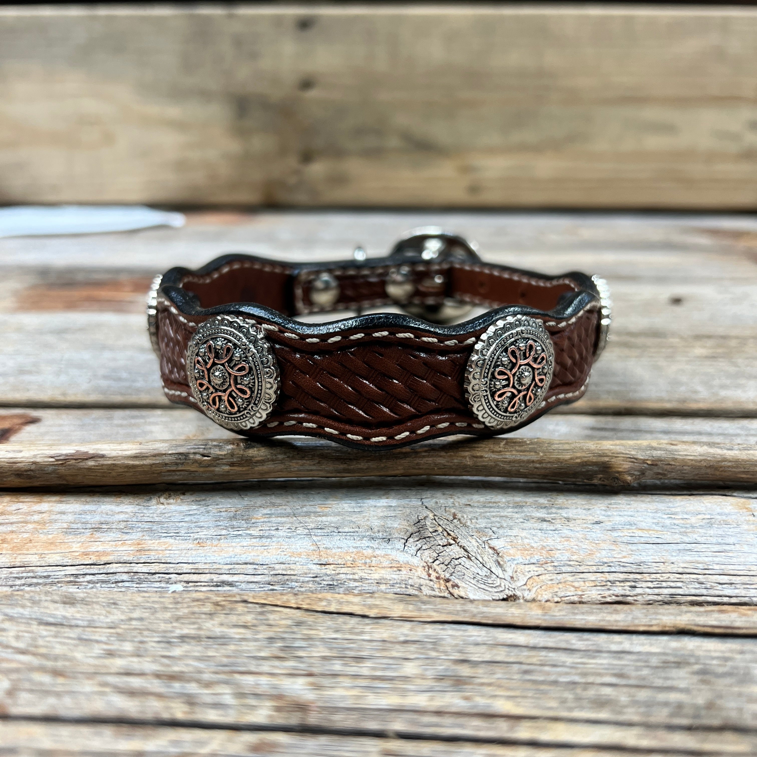 Genuine Leather Dog Collar With Flower and Loops Conchos 10" to 22" W235S -DC68 — view 3