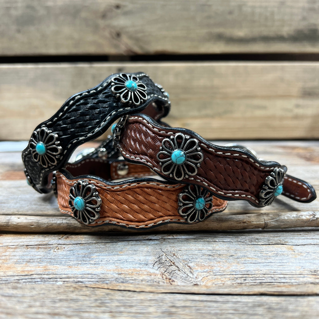 Genuine Leather Dog Collar or Leash With Turquoise Flower Conchos 10" to 22" W231S -DC69 — view 2