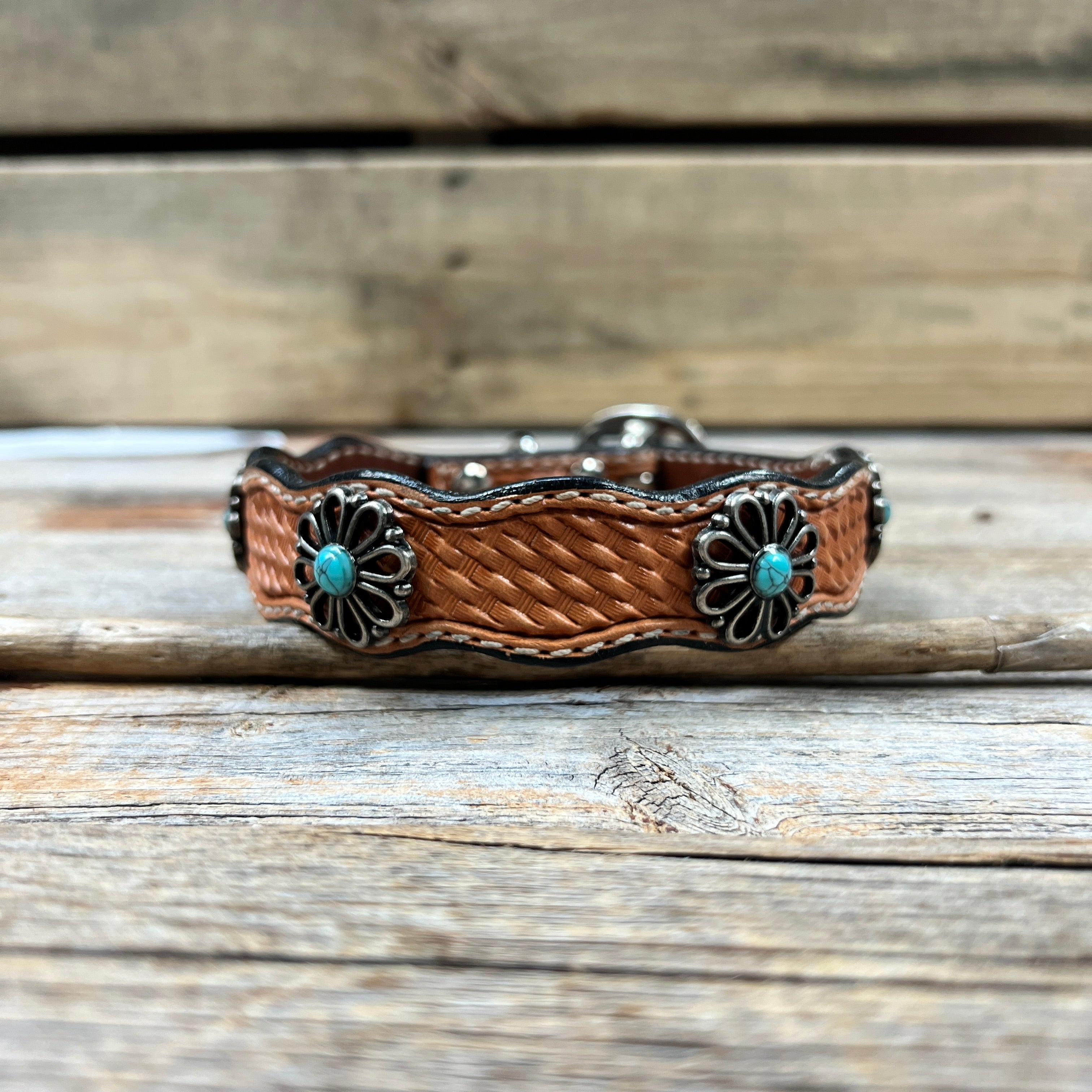 Genuine Leather Dog Collar or Leash With Turquoise Flower Conchos 10" to 22" W231S -DC69 — view 3