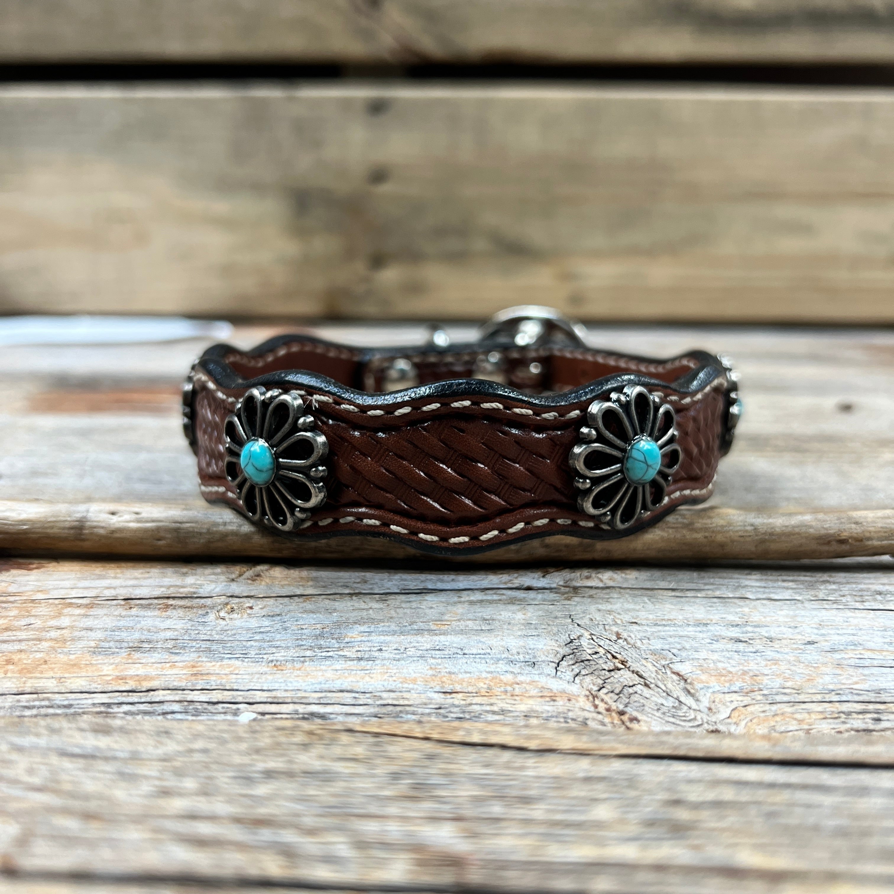 Genuine Leather Dog Collar or Leash With Turquoise Flower Conchos 10" to 22" W231S -DC69 — view 4