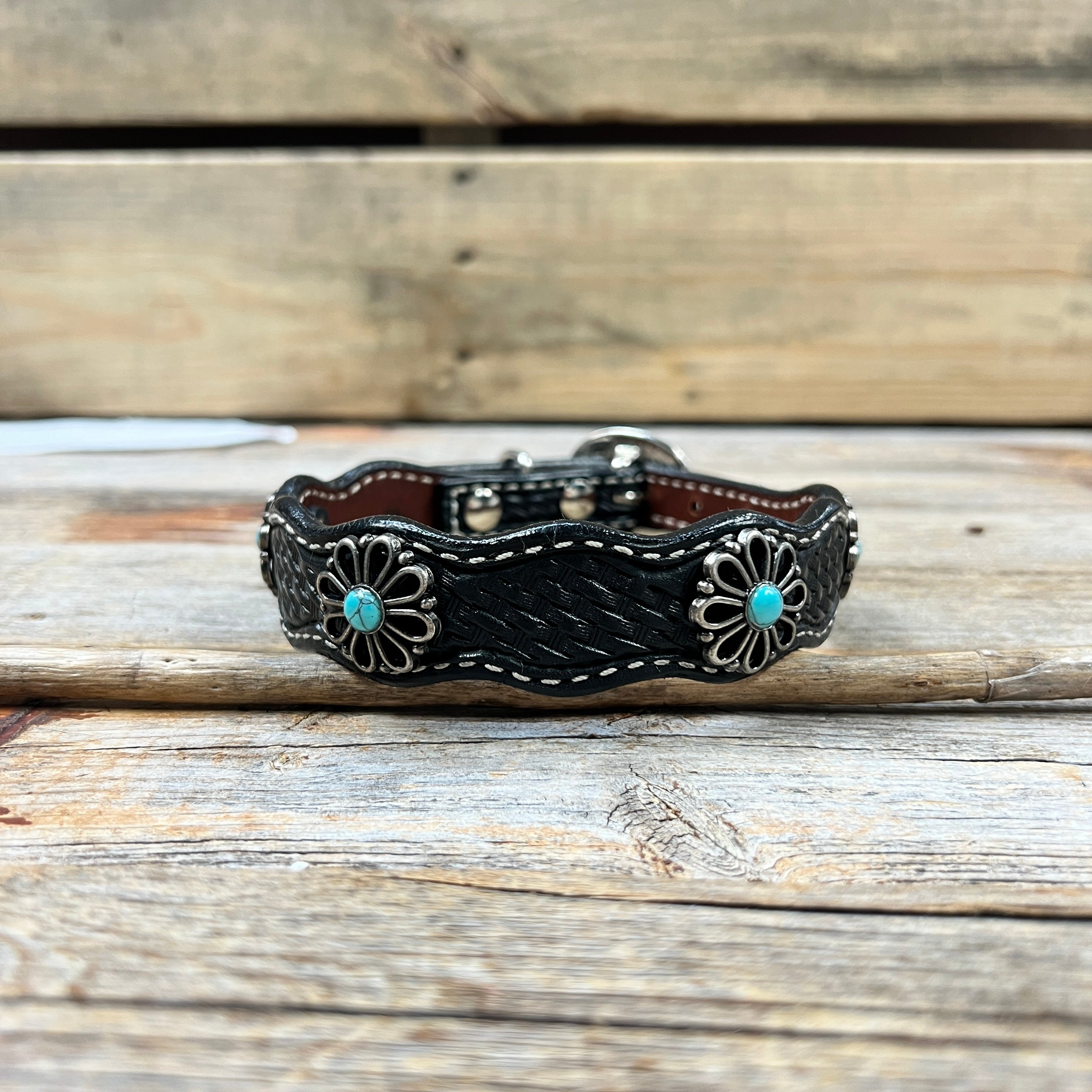 Genuine Leather Dog Collar or Leash With Turquoise Flower Conchos 10" to 22" W231S -DC69 — view 5