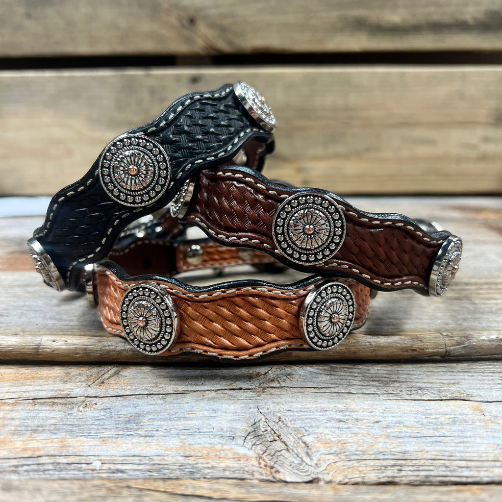 Genuine Leather Dog Collar or Leash With Flower and Dot Conchos 10" to 22" W230S -DC70 — view 2