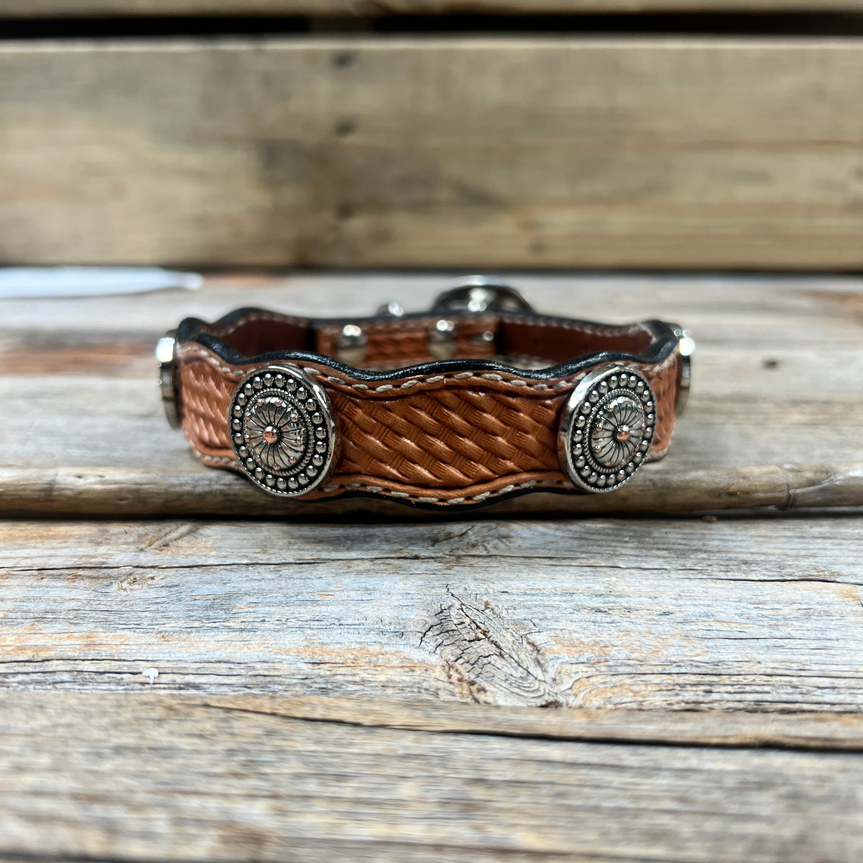 Genuine Leather Dog Collar or Leash With Flower and Dot Conchos 10" to 22" W230S -DC70 — view 3