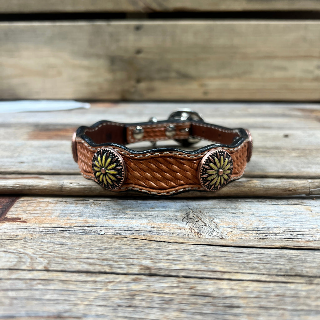 Genuine Leather Dog Collar With Yellow Daisy Conchos 10" to 22" W229S -DC71 — view 2
