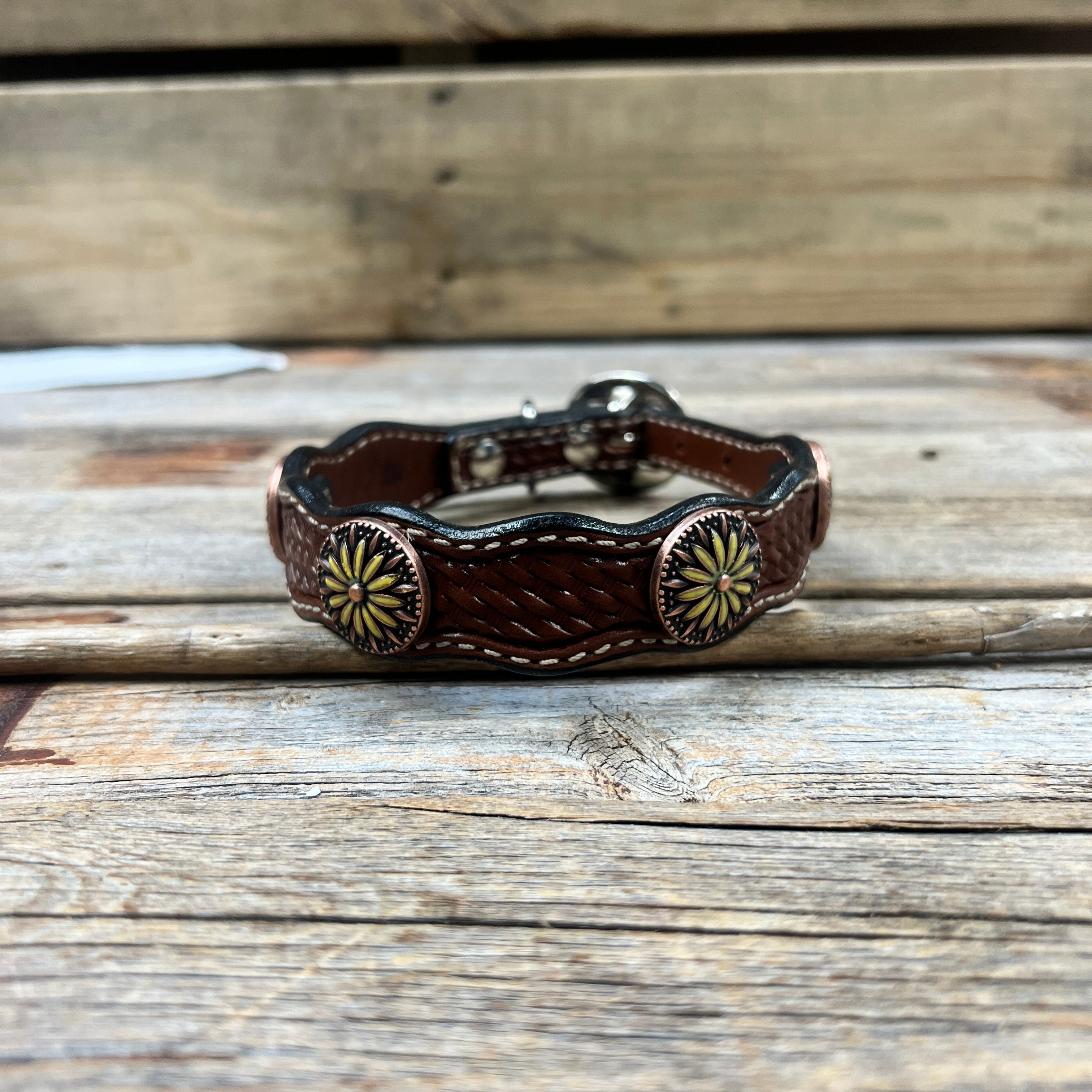 Genuine Leather Dog Collar With Yellow Daisy Conchos 10" to 22" W229S -DC71 — view 3