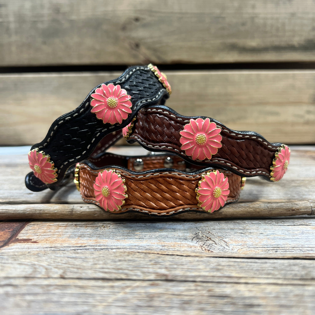 Genuine Leather Dog Collar With Pink Flower Conchos 10" to 22" W228S -DC72