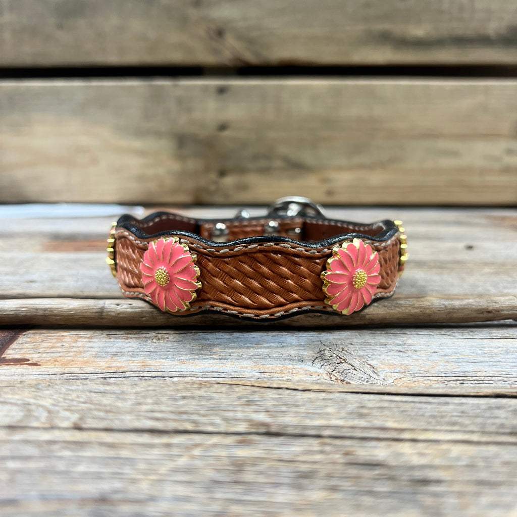Genuine Leather Dog Collar With Pink Flower Conchos 10" to 22" W228S -DC72 — view 2