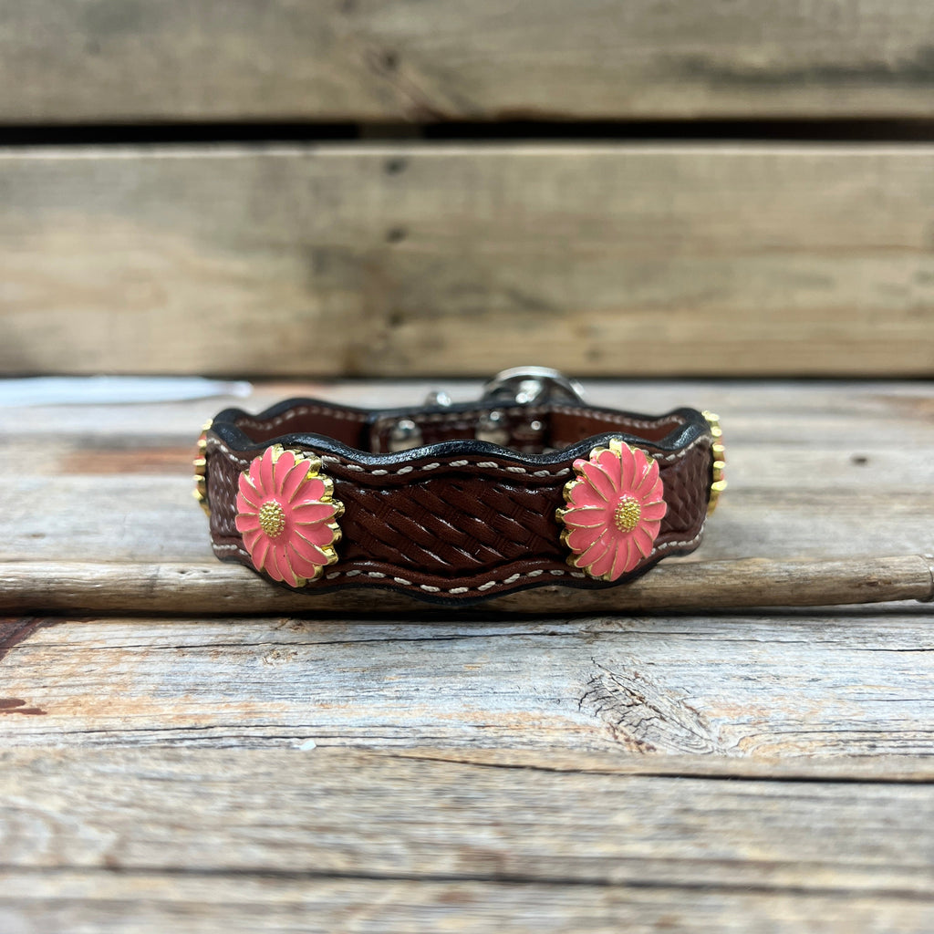 Genuine Leather Dog Collar With Pink Flower Conchos 10" to 22" W228S -DC72 — view 3