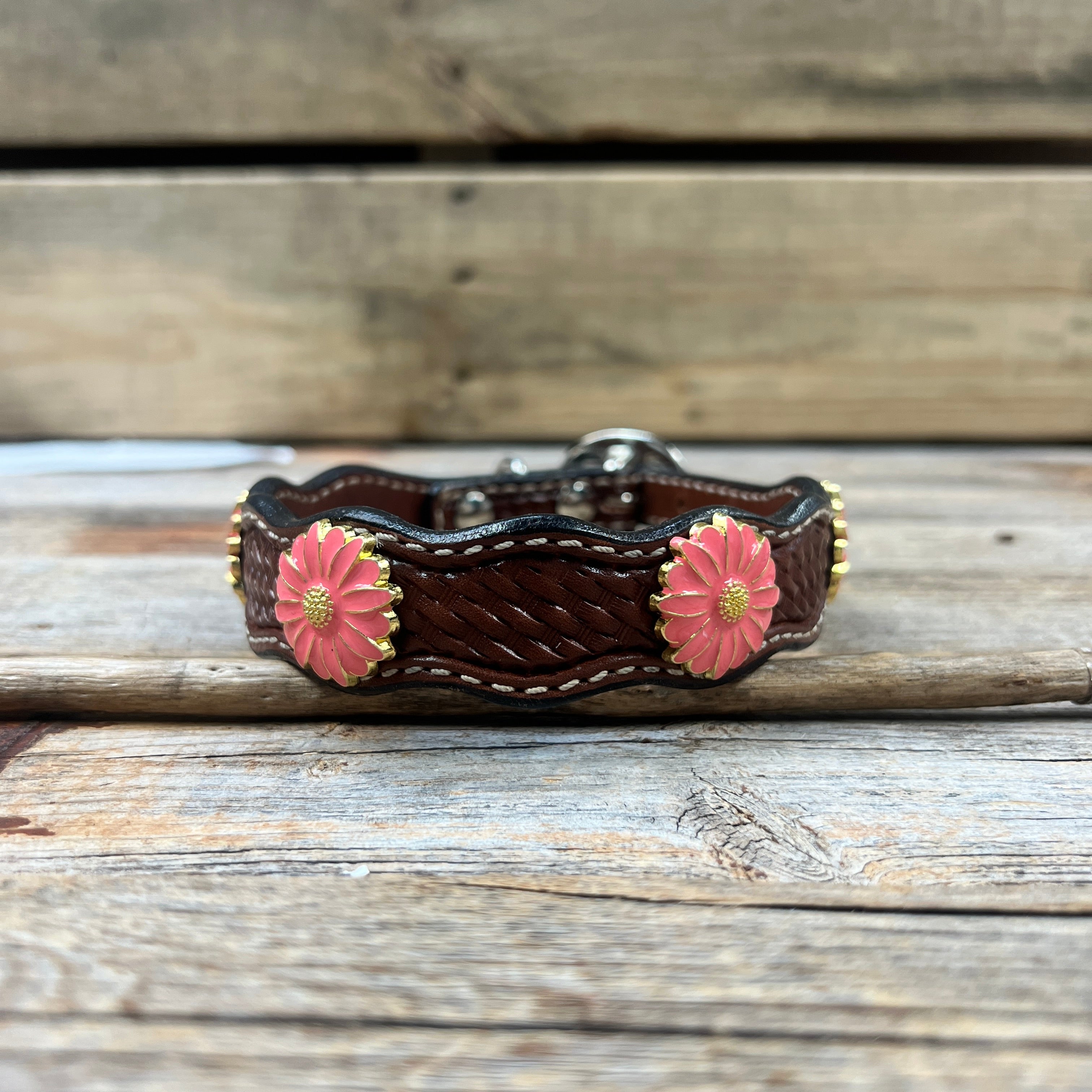 Genuine Leather Dog Collar With Pink Flower Conchos 10" to 22" W228S -DC72 — view 3