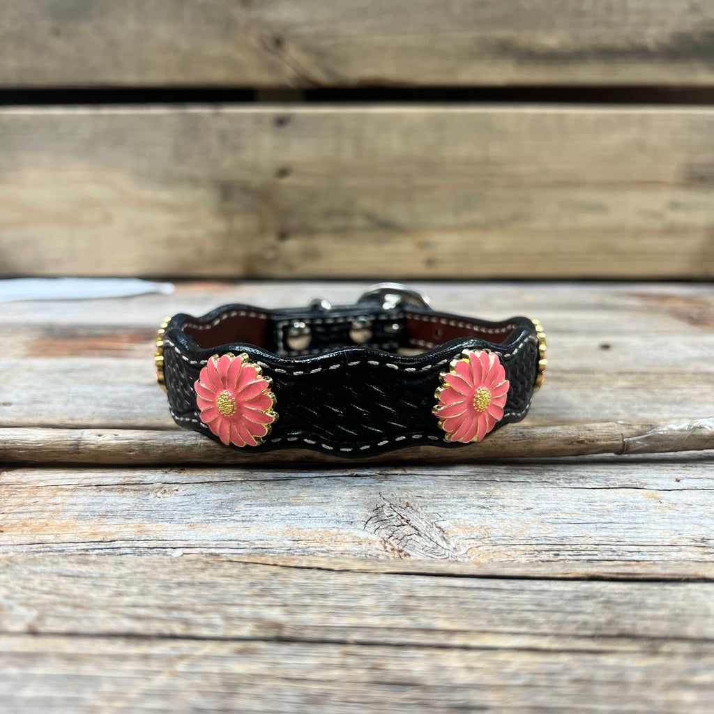 Genuine Leather Dog Collar With Pink Flower Conchos 10" to 22" W228S -DC72 — view 4