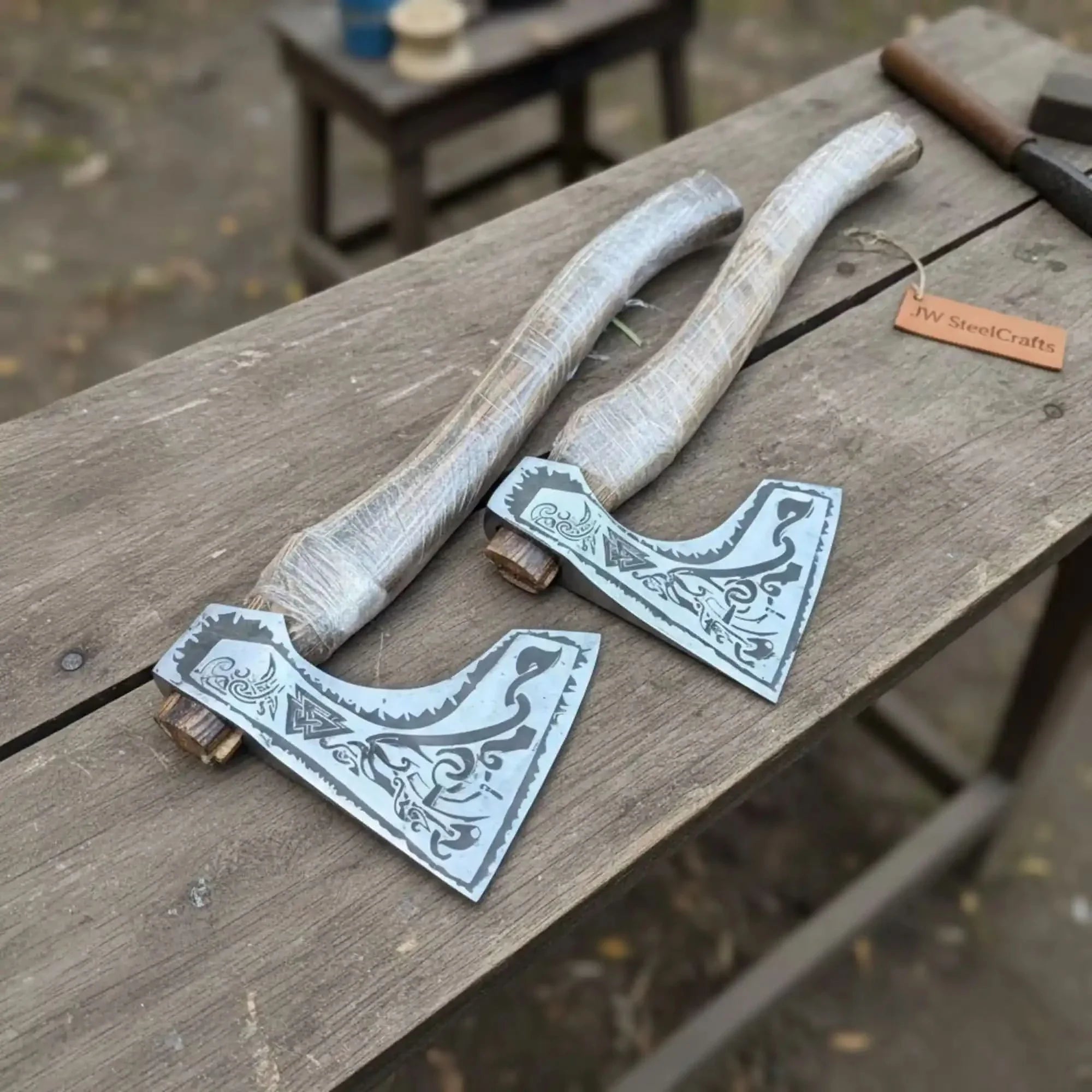 Norse Bearded Axe Pair — Viking Style Handmade Wood Cutting Tool