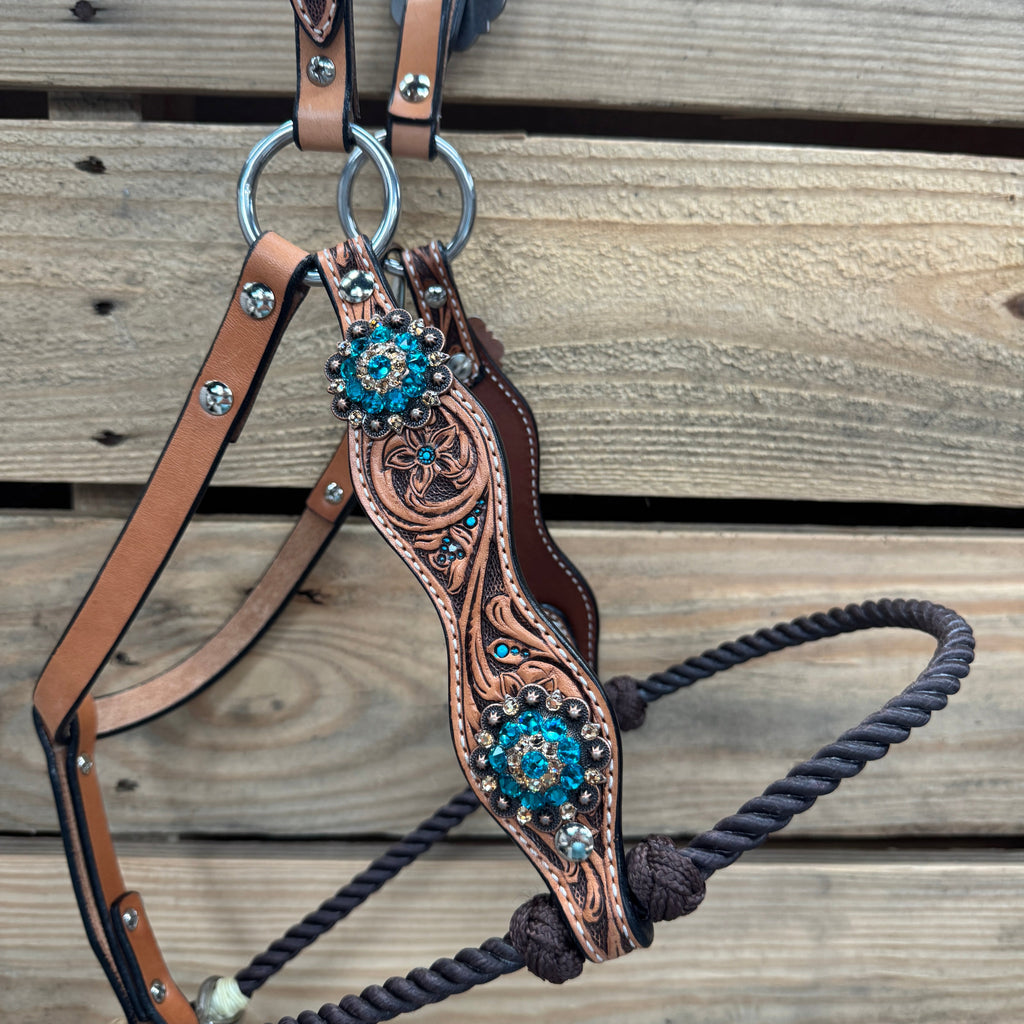 Floral Tooled Lariat & Leather Combo Halter #LH103 — view 2