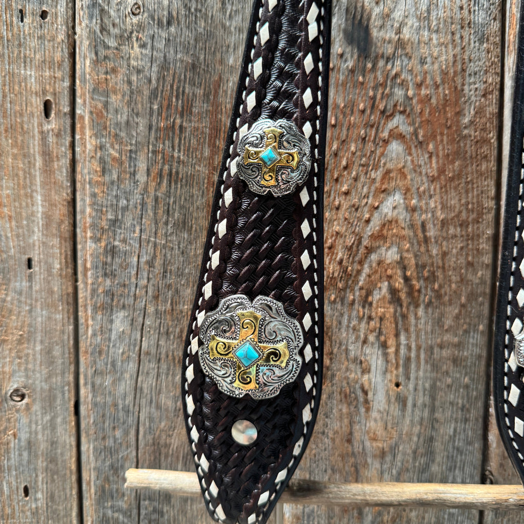 Dark Oil Buckstitch Gold Cross Browband/One Ear and Breastcollar Tack Set #BBBC401 — view 5