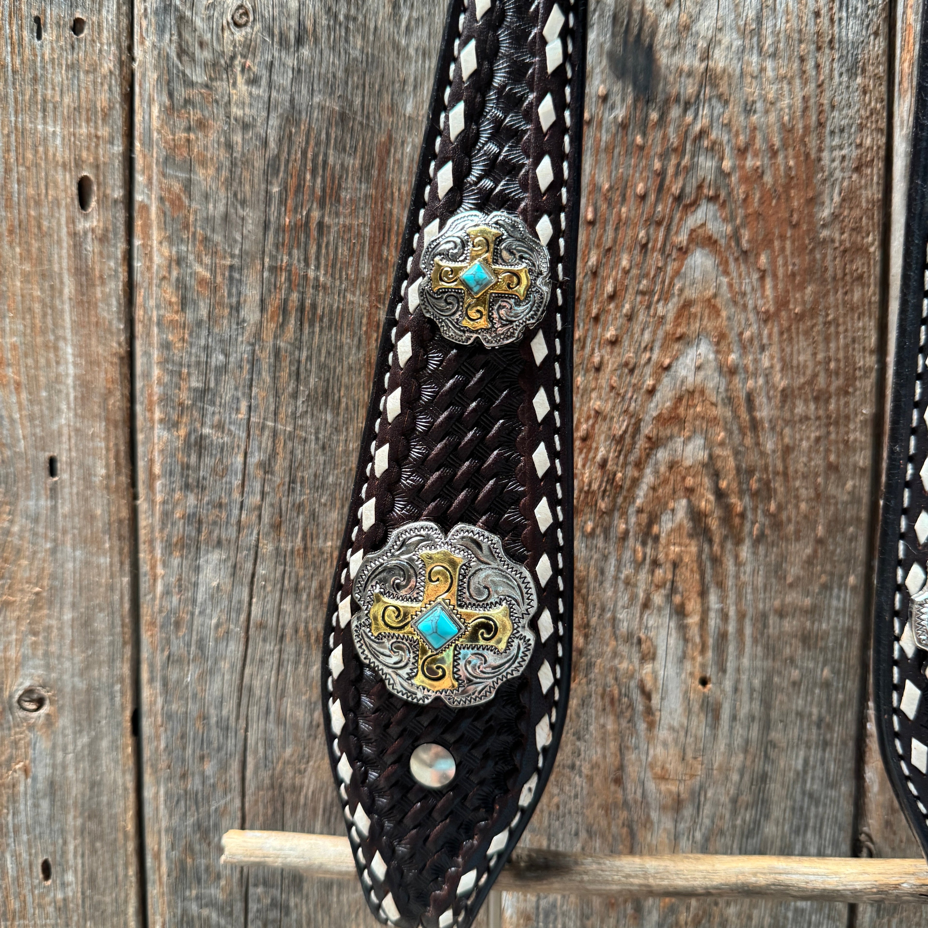 Dark Oil Buckstitch Gold Cross Browband/One Ear and Breastcollar Tack Set #BBBC401 — view 5