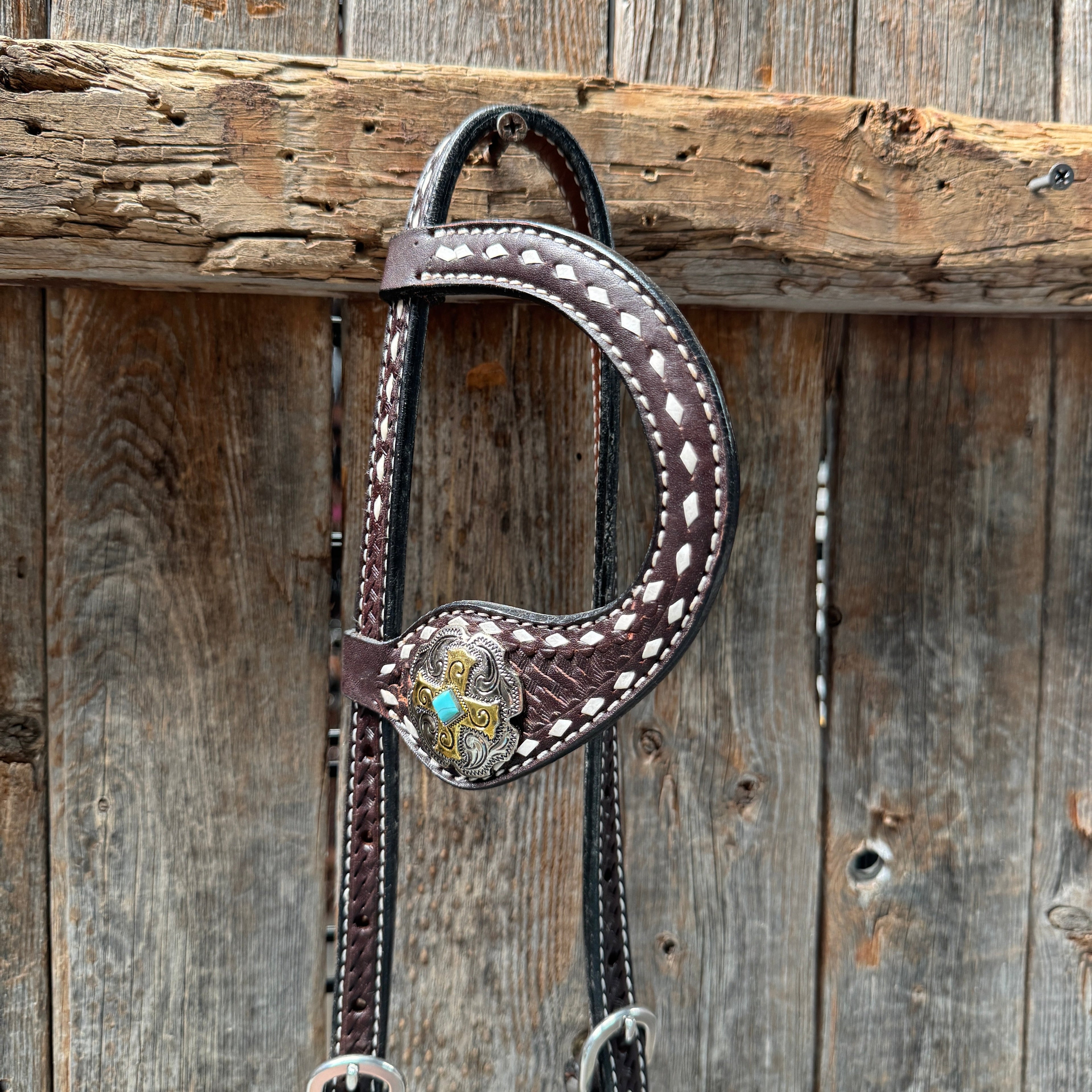 Dark Oil Buckstitch Gold Cross Browband/One Ear and Breastcollar Tack Set #BBBC401 — view 7