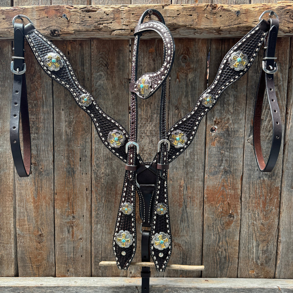 Dark Oil Buckstitch Gold Cross Browband/One Ear and Breastcollar Tack Set #BBBC401 — view 2