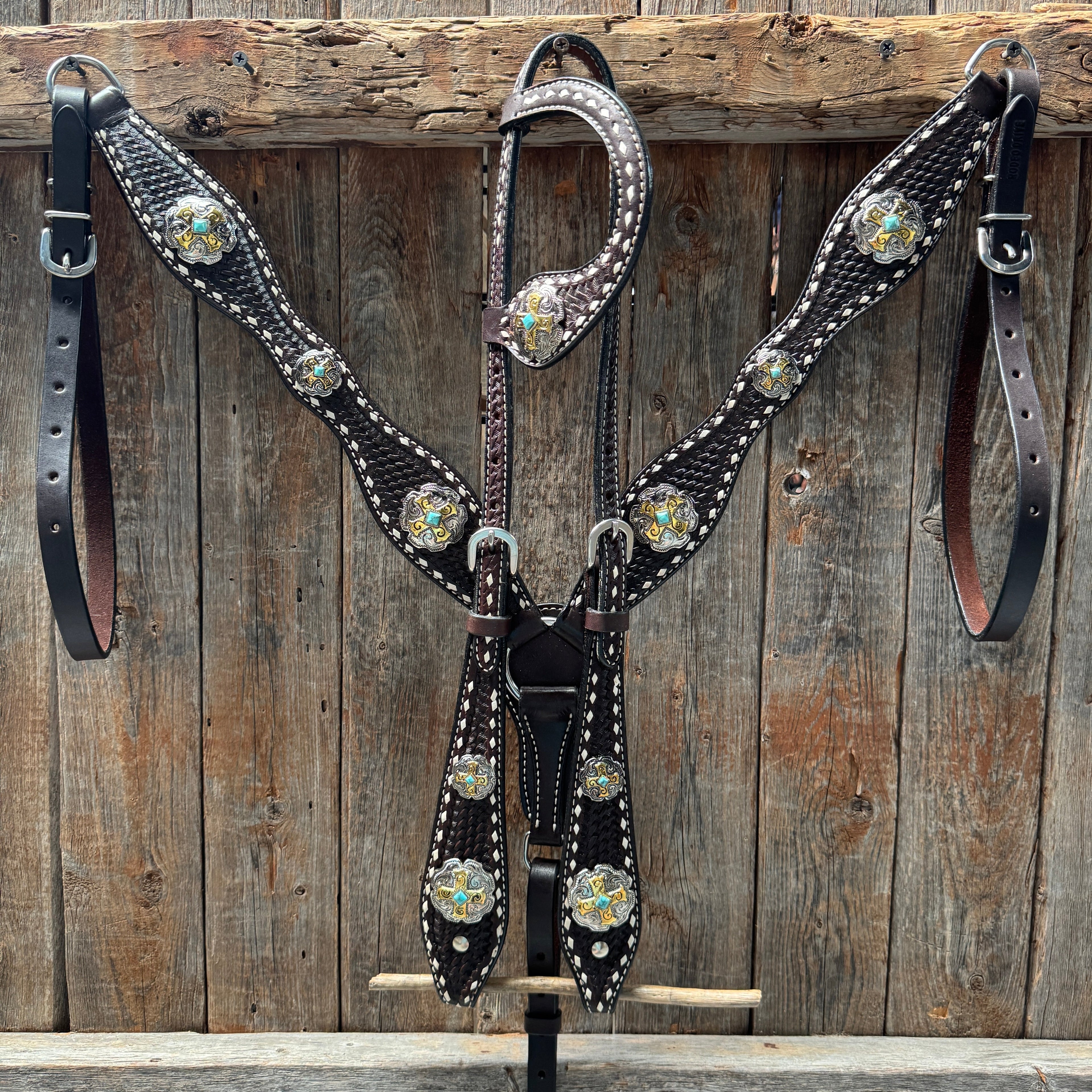 Dark Oil Buckstitch Gold Cross Browband/One Ear and Breastcollar Tack Set #BBBC401 — view 2