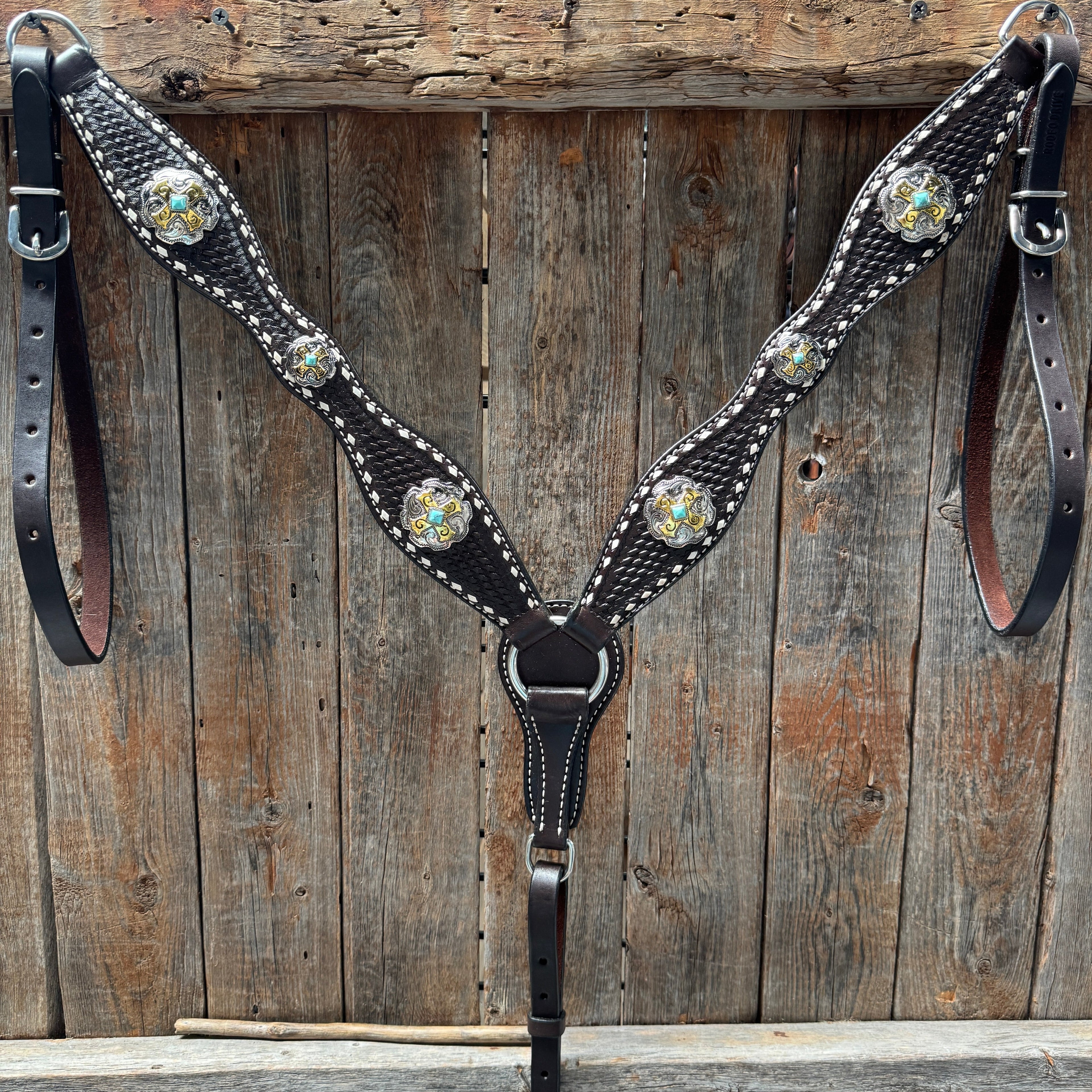 Dark Oil Buckstitch Gold Cross Browband/One Ear and Breastcollar Tack Set #BBBC401 — view 8