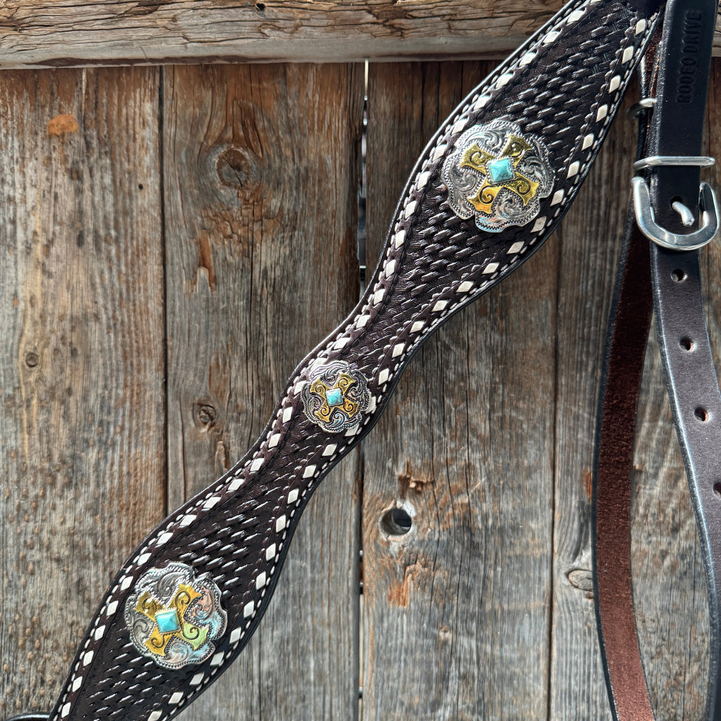Dark Oil Buckstitch Gold Cross Browband/One Ear and Breastcollar Tack Set #BBBC401 — view 9