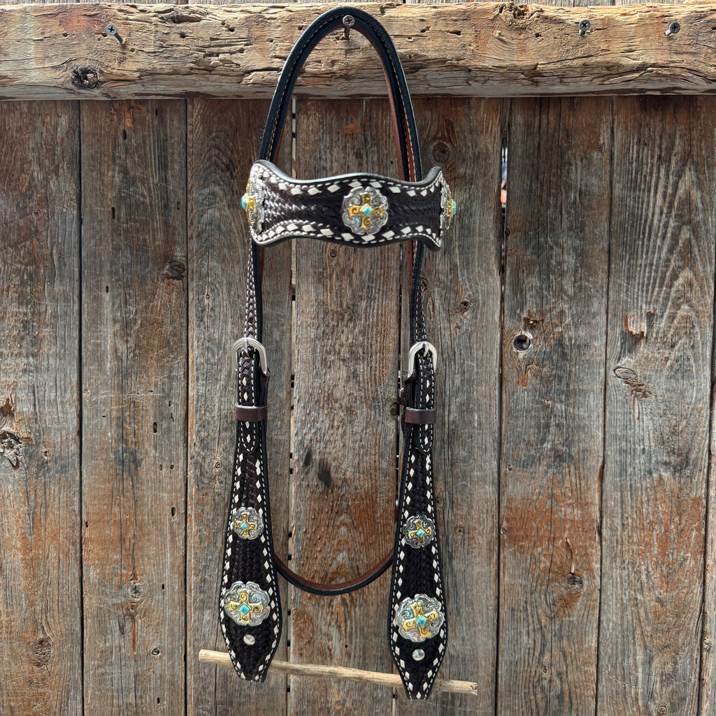 Dark Oil Buckstitch Gold Cross Browband/One Ear and Breastcollar Tack Set #BBBC401 — view 3