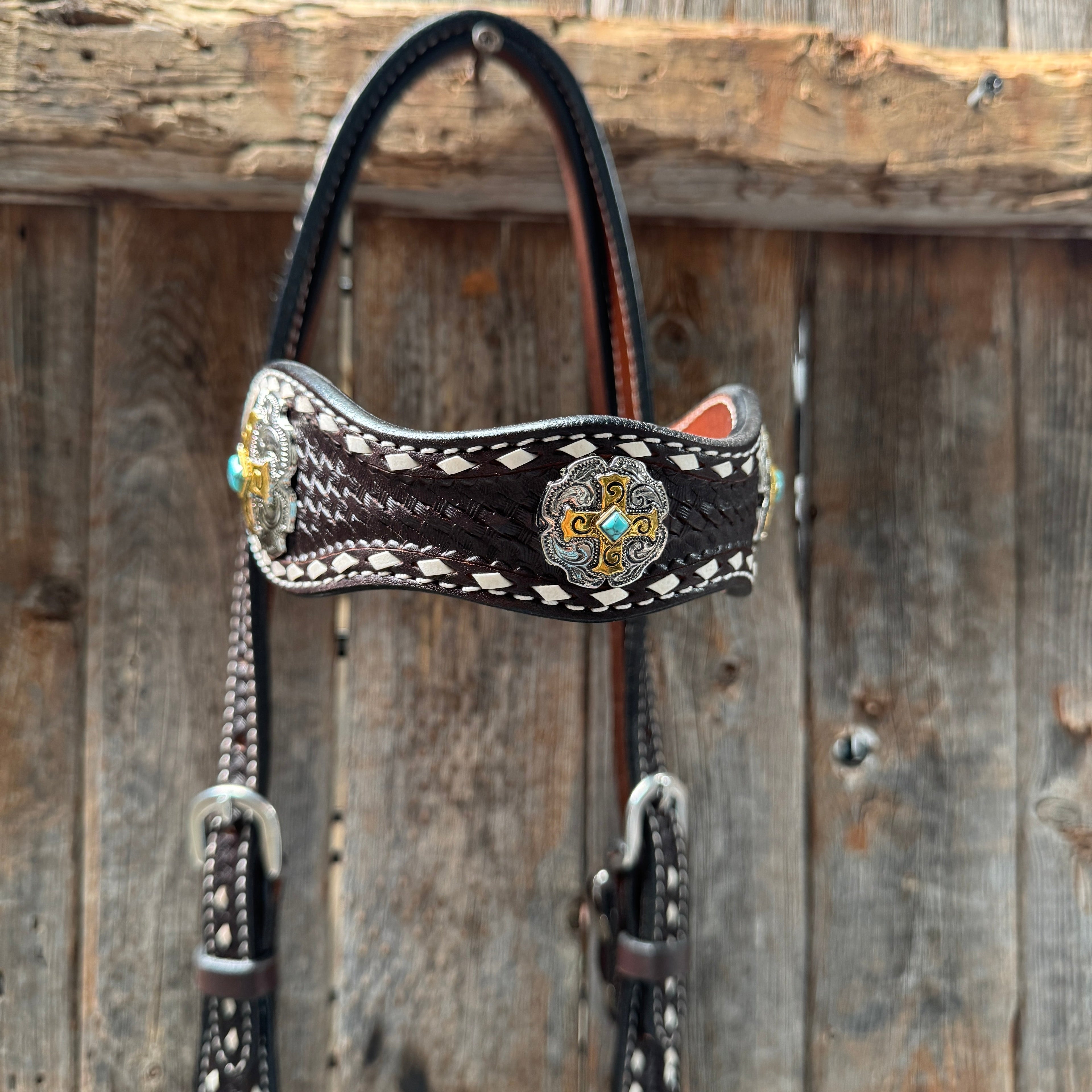 Dark Oil Buckstitch Gold Cross Browband/One Ear and Breastcollar Tack Set #BBBC401 — view 4