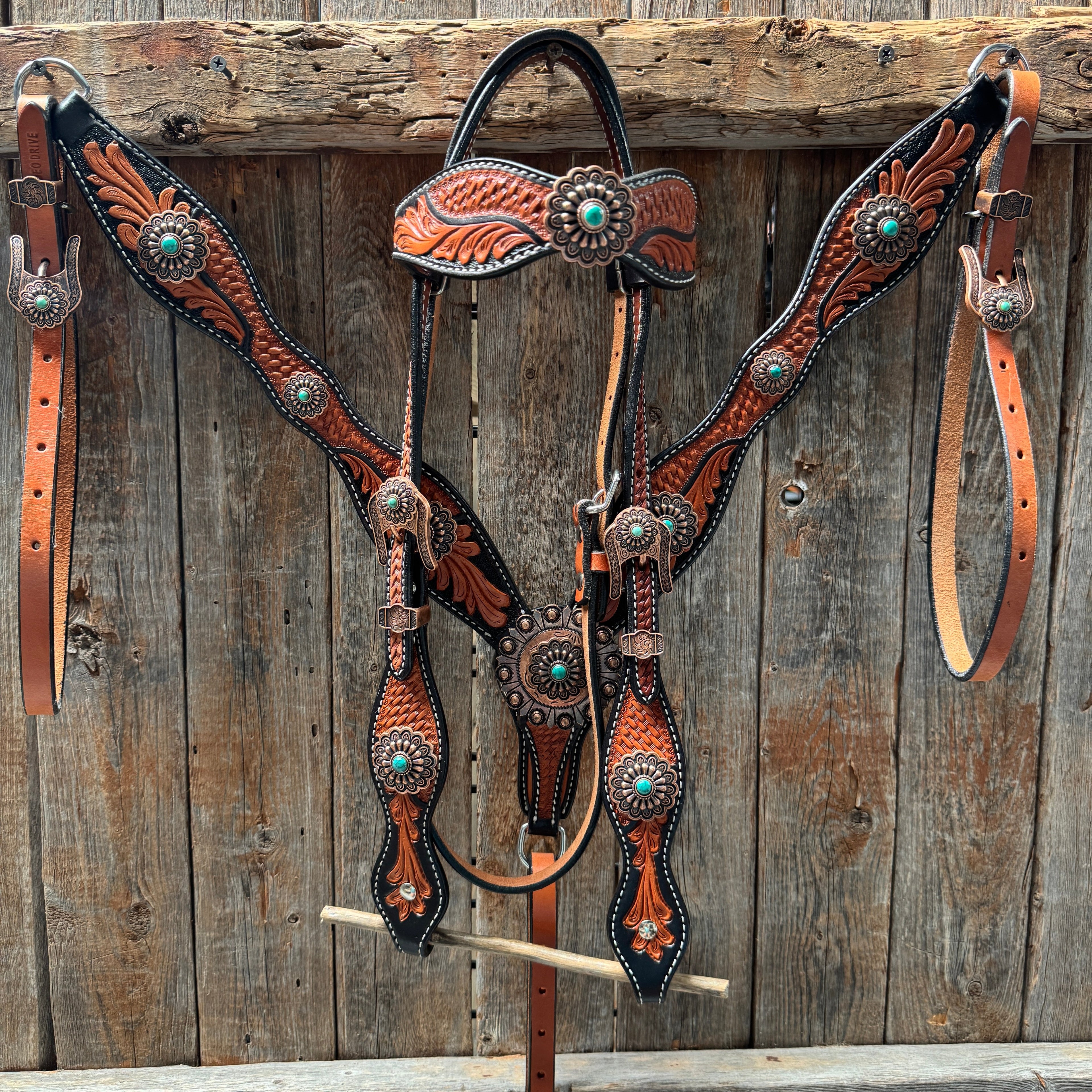 Two Tone Leaf Copper Flower Turquoise Browband/One Ear & Breastcollar Tack Set #OEBC454 — view 2