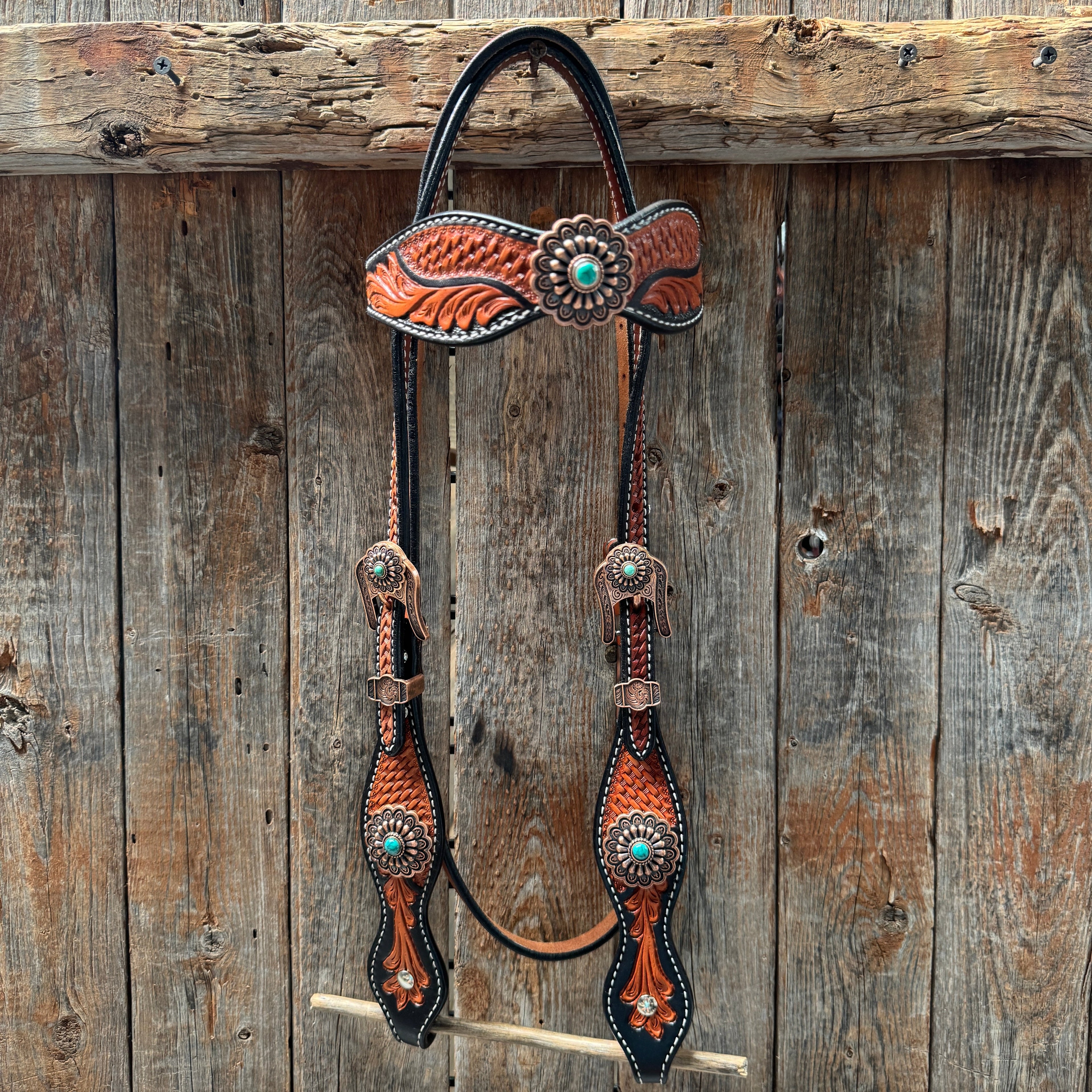 Two Tone Leaf Copper Flower Turquoise Browband/One Ear & Breastcollar Tack Set #OEBC454 — view 3