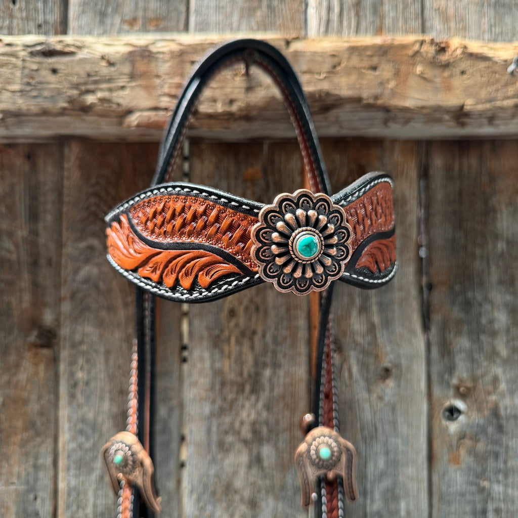 Two Tone Leaf Copper Flower Turquoise Browband/One Ear & Breastcollar Tack Set #OEBC454 — view 4