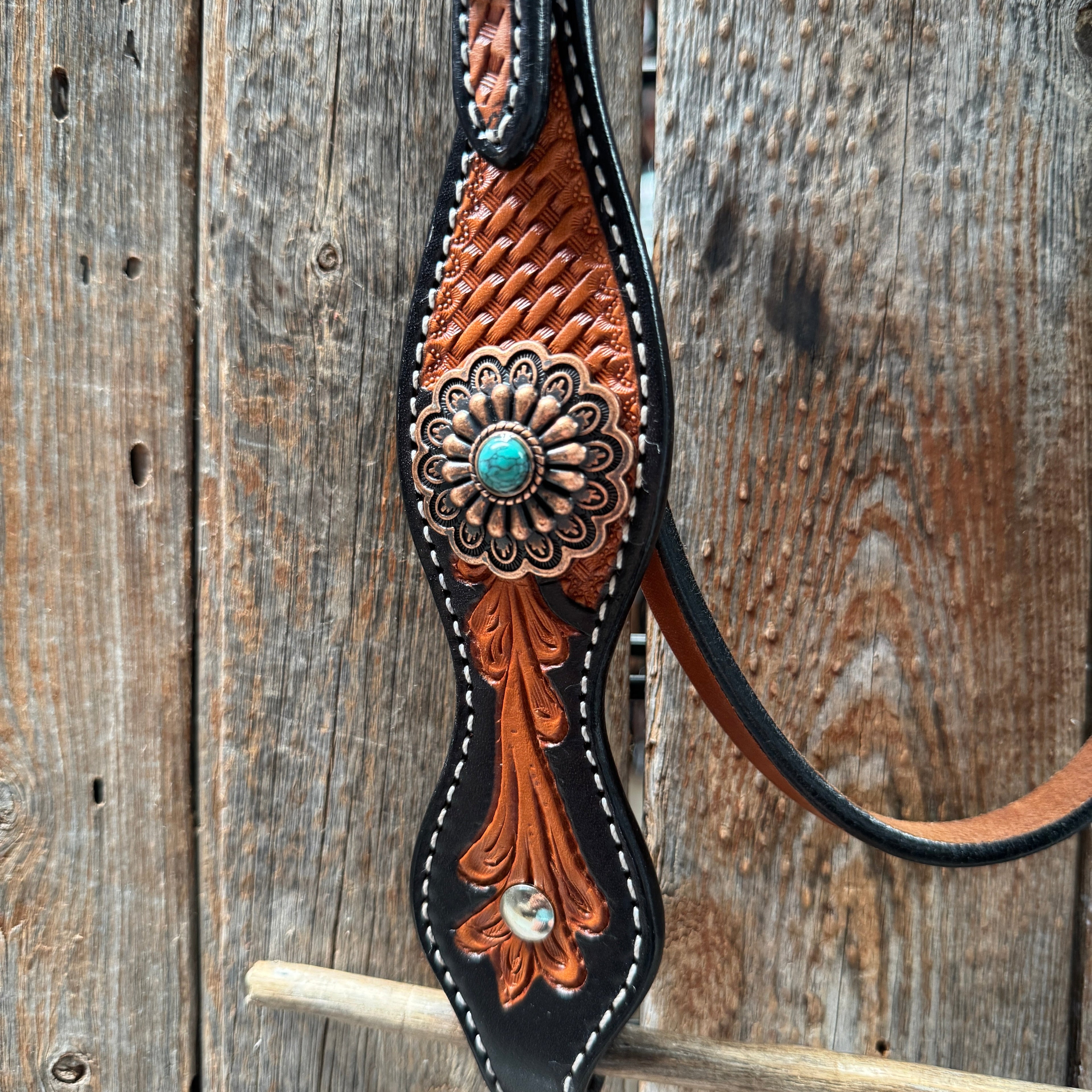 Two Tone Leaf Copper Flower Turquoise Browband/One Ear & Breastcollar Tack Set #OEBC454 — view 5